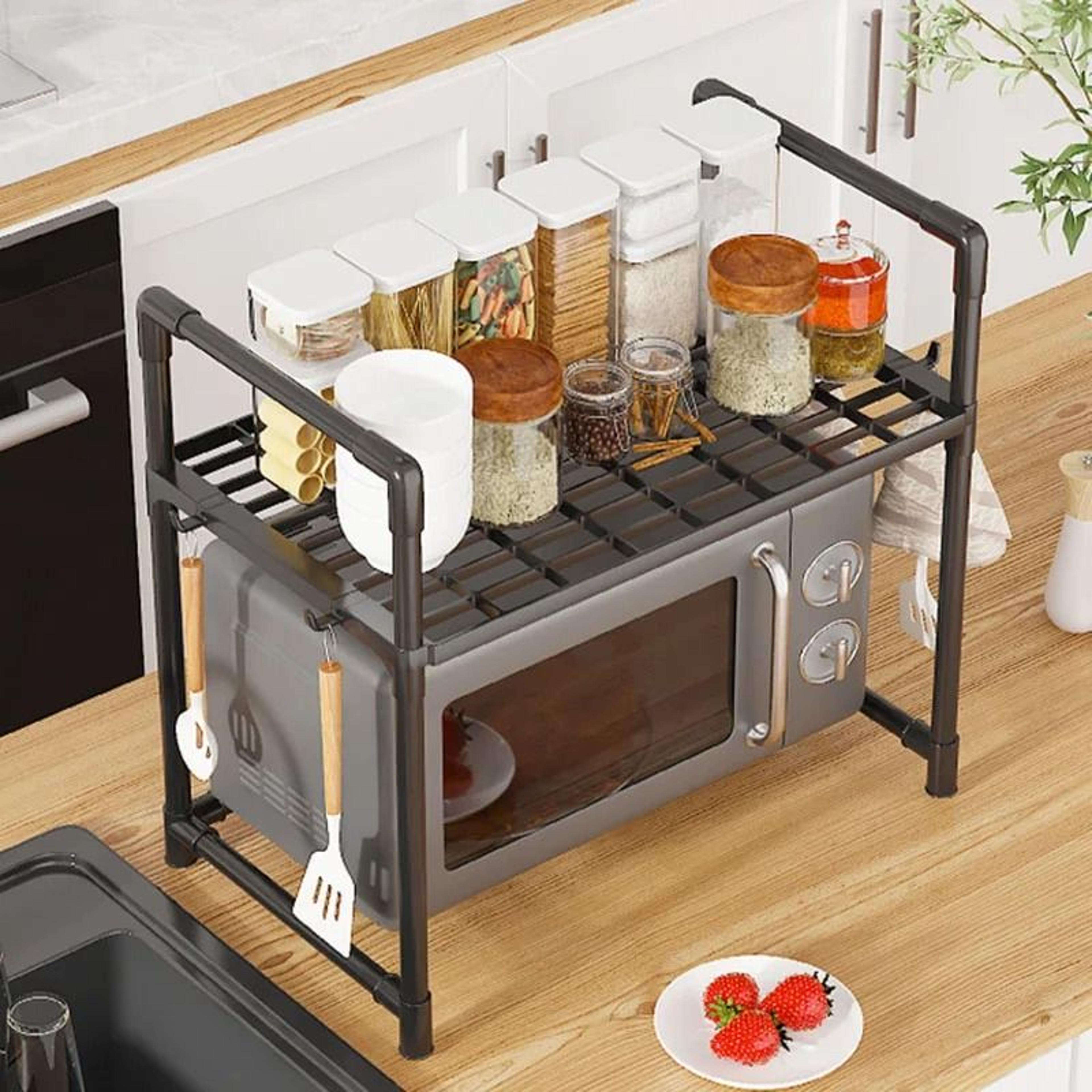 MultiPurpose Kitchen Microwave Rack  Thickened Adjustable Countertop Shelf  Oven Organizer With Hoo 1