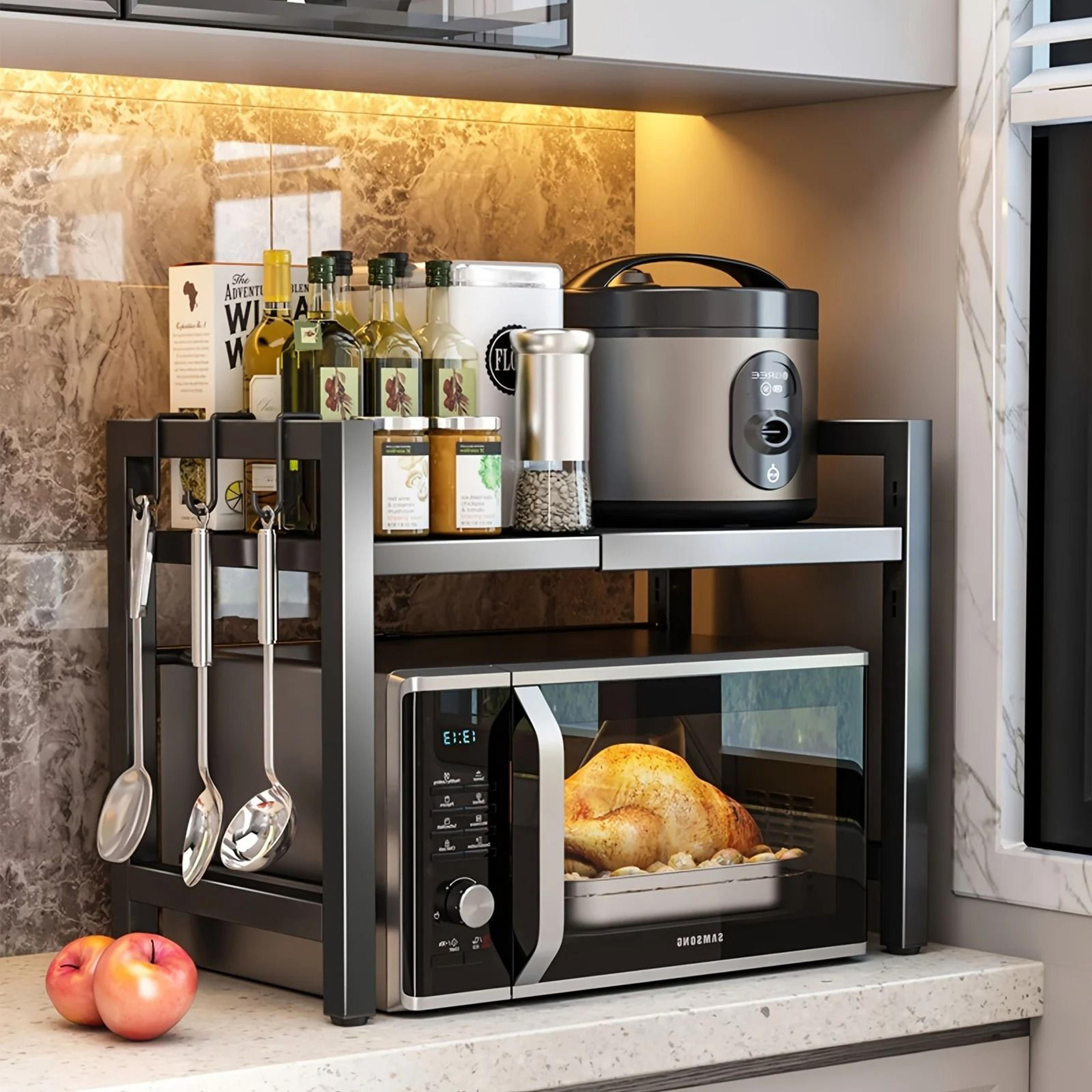 Expandable Microwave Shelf  157252in Extendable Kitchen Storage Rack With 6 Utility Hooks 1