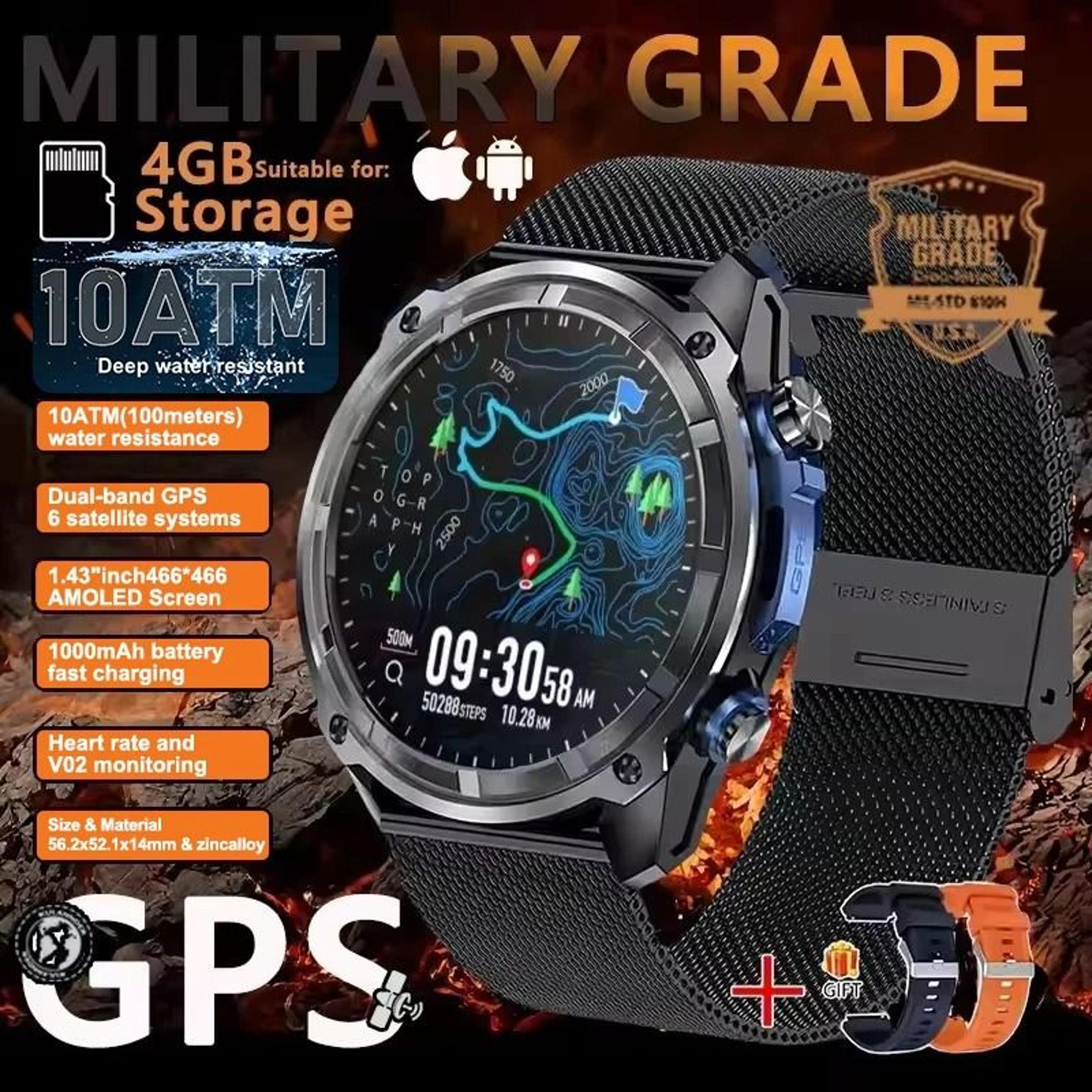 TRex 3 Pro GPS Smart Watch  1000mAh Battery 4GB Offline Maps  10ATM  Military Grade Outdoor Sport W 10