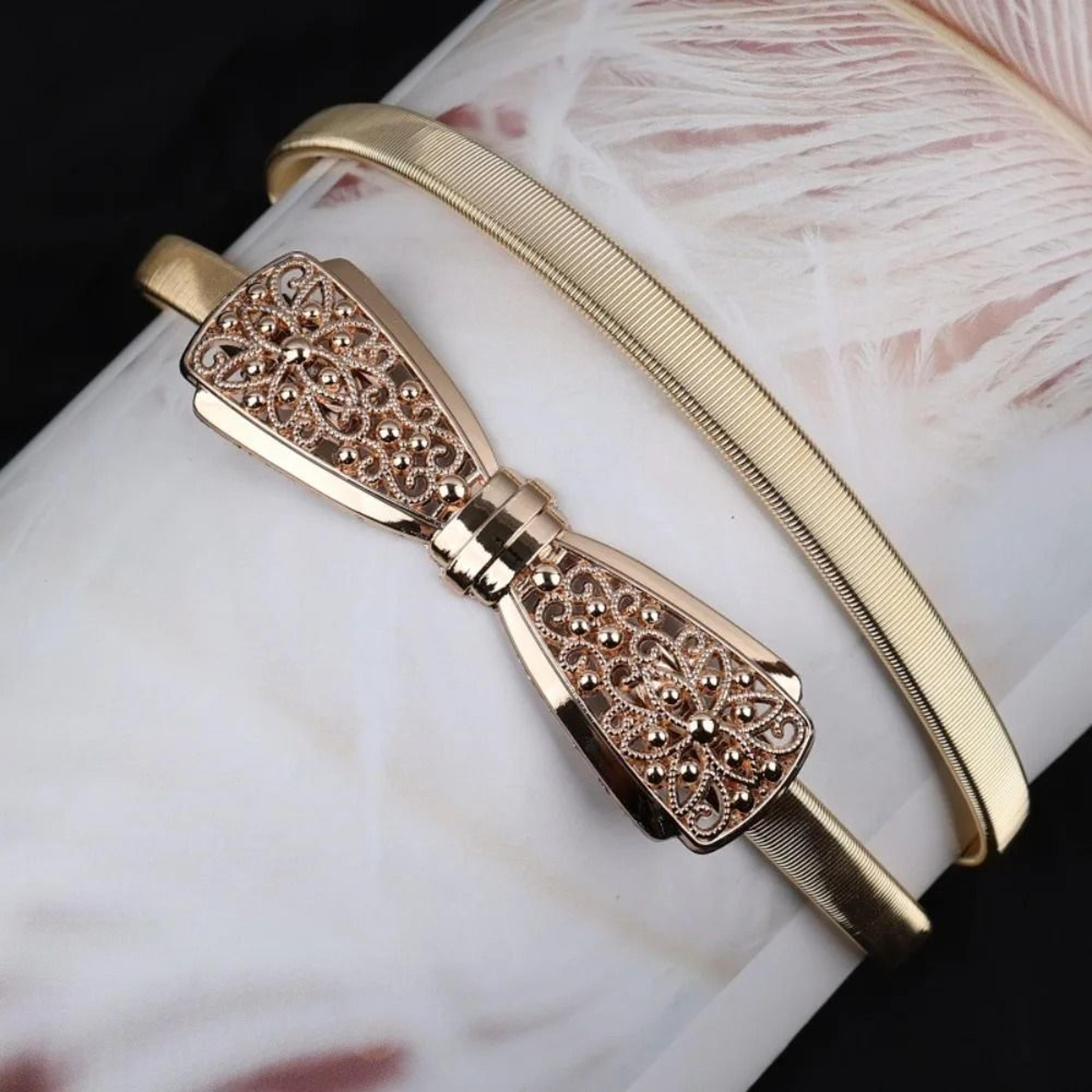 Elastic Gold Chain Belt  Leaf Motif Metallic Waistband  HighYield Sartorial Interaction Hub 9