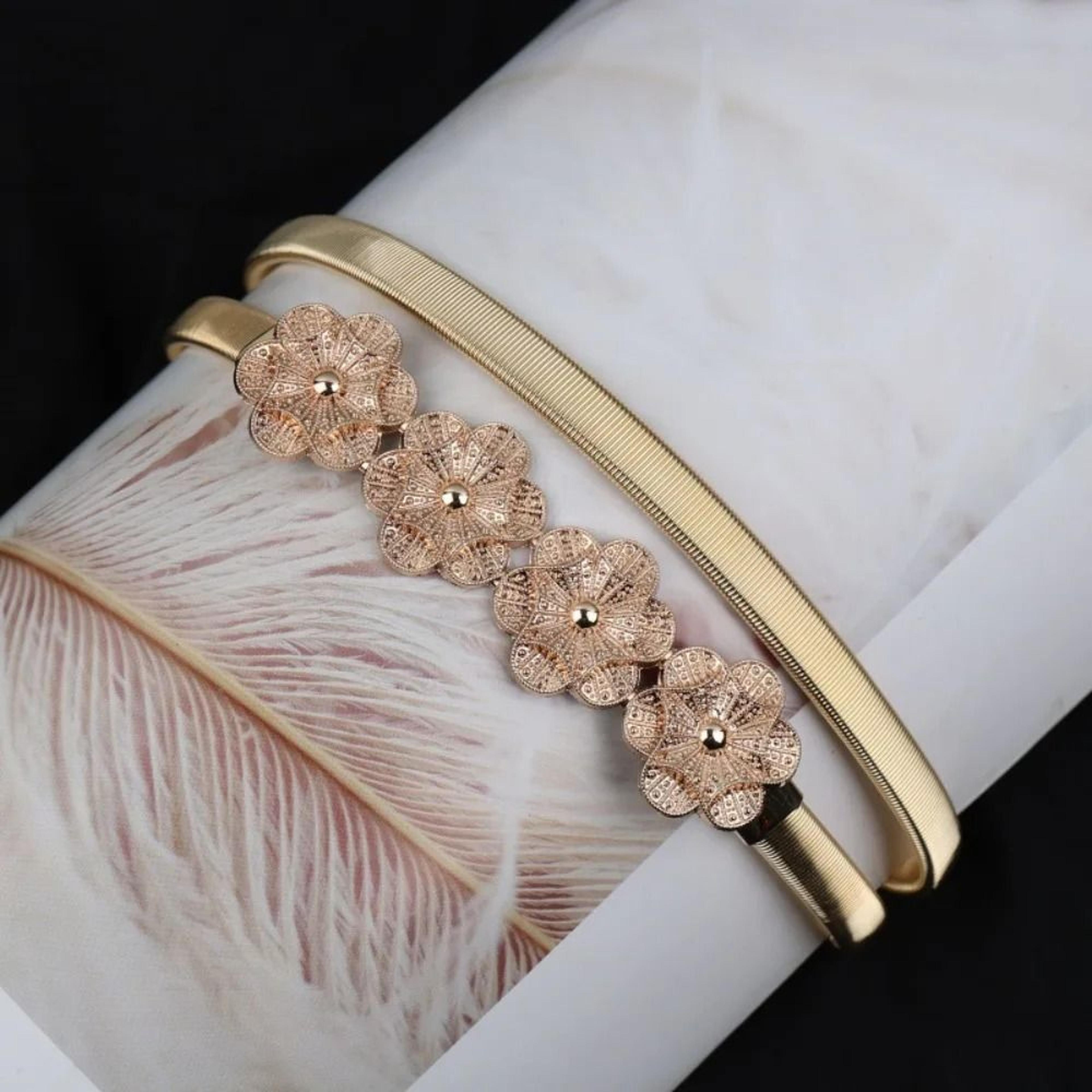 Elastic Gold Chain Belt  Leaf Motif Metallic Waistband  HighYield Sartorial Interaction Hub 3
