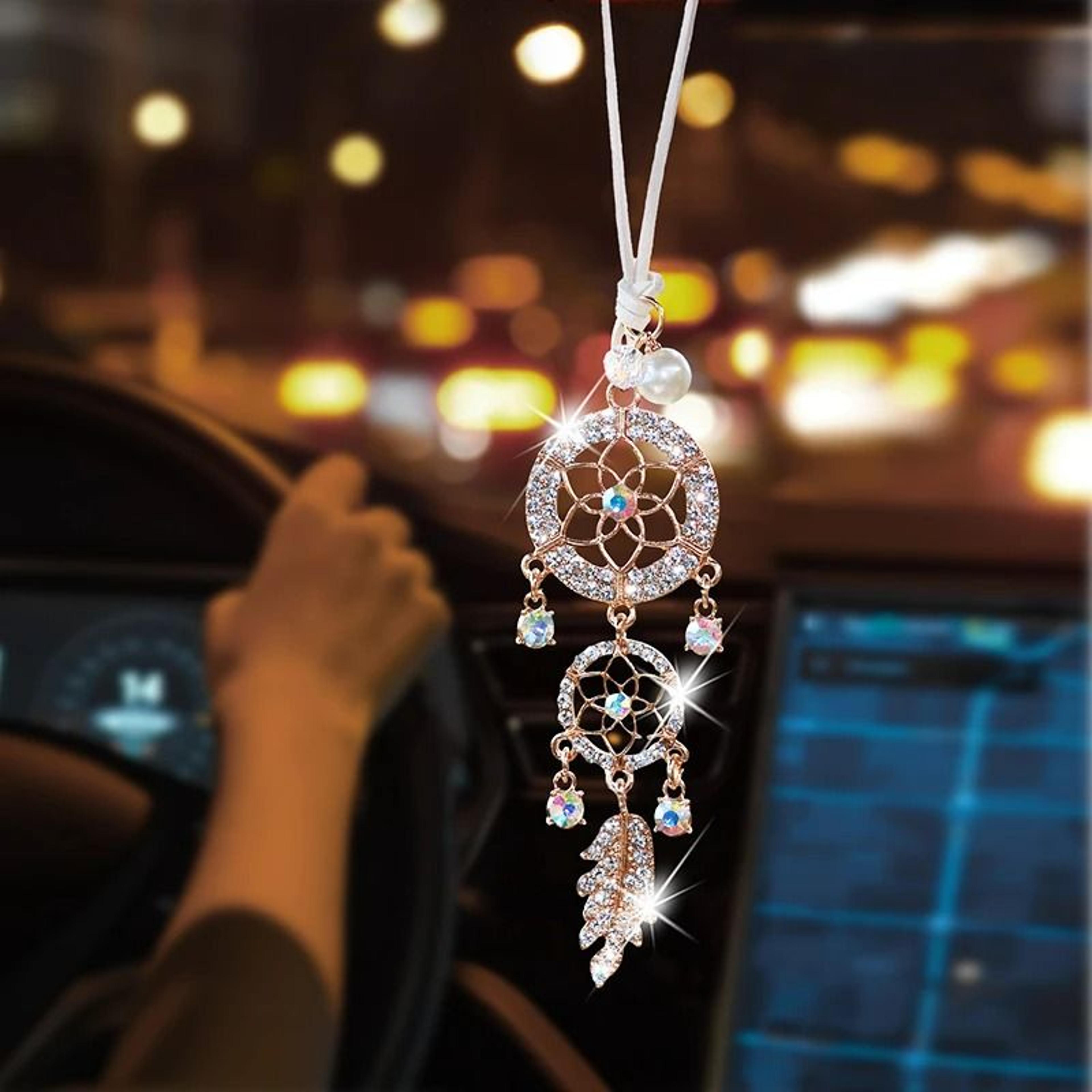 diamond-encrusted flower dreamcatcher luxury car pendant