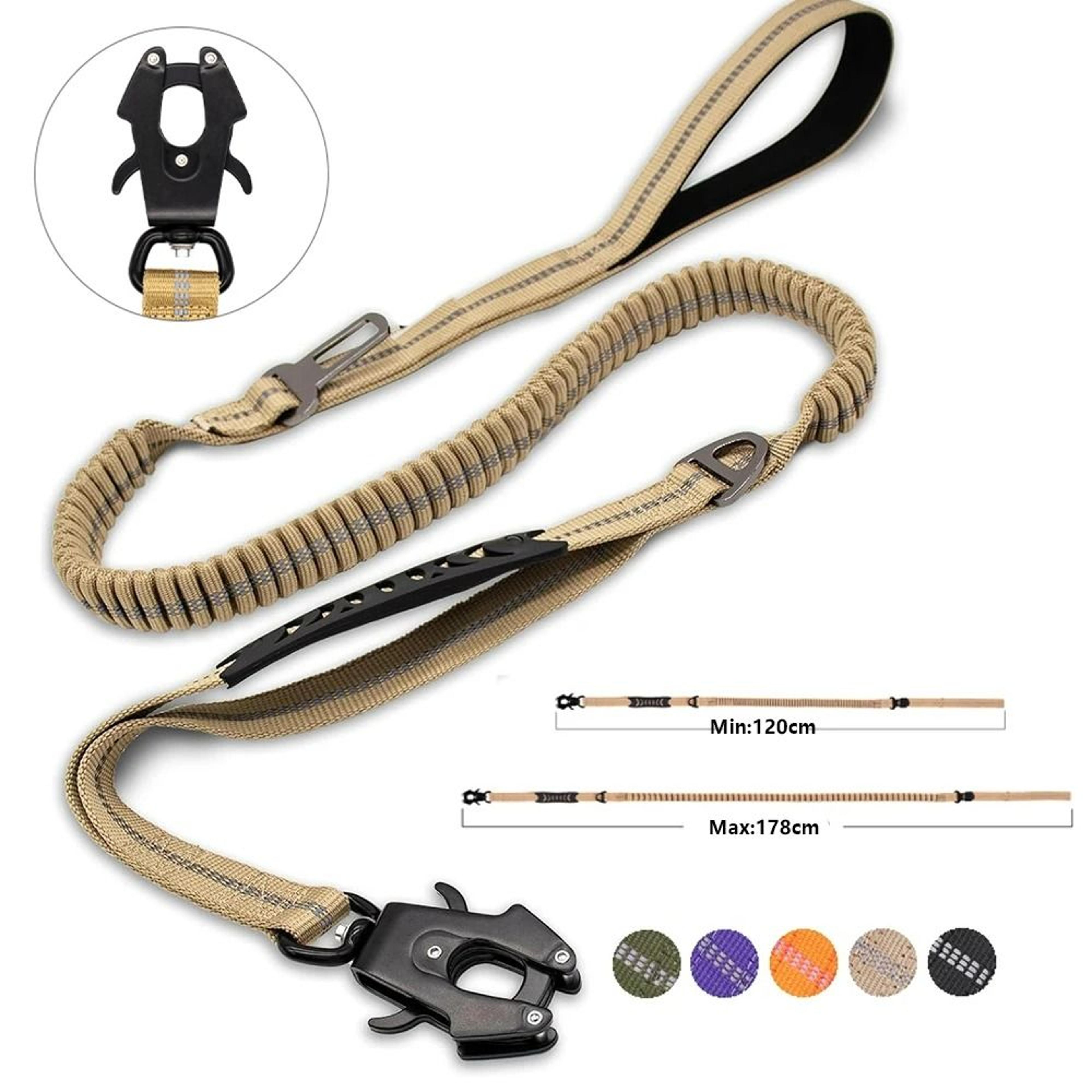 elite heavy-duty tactical bungee dog leash – reflective shock absorbing lead with car seatbelt