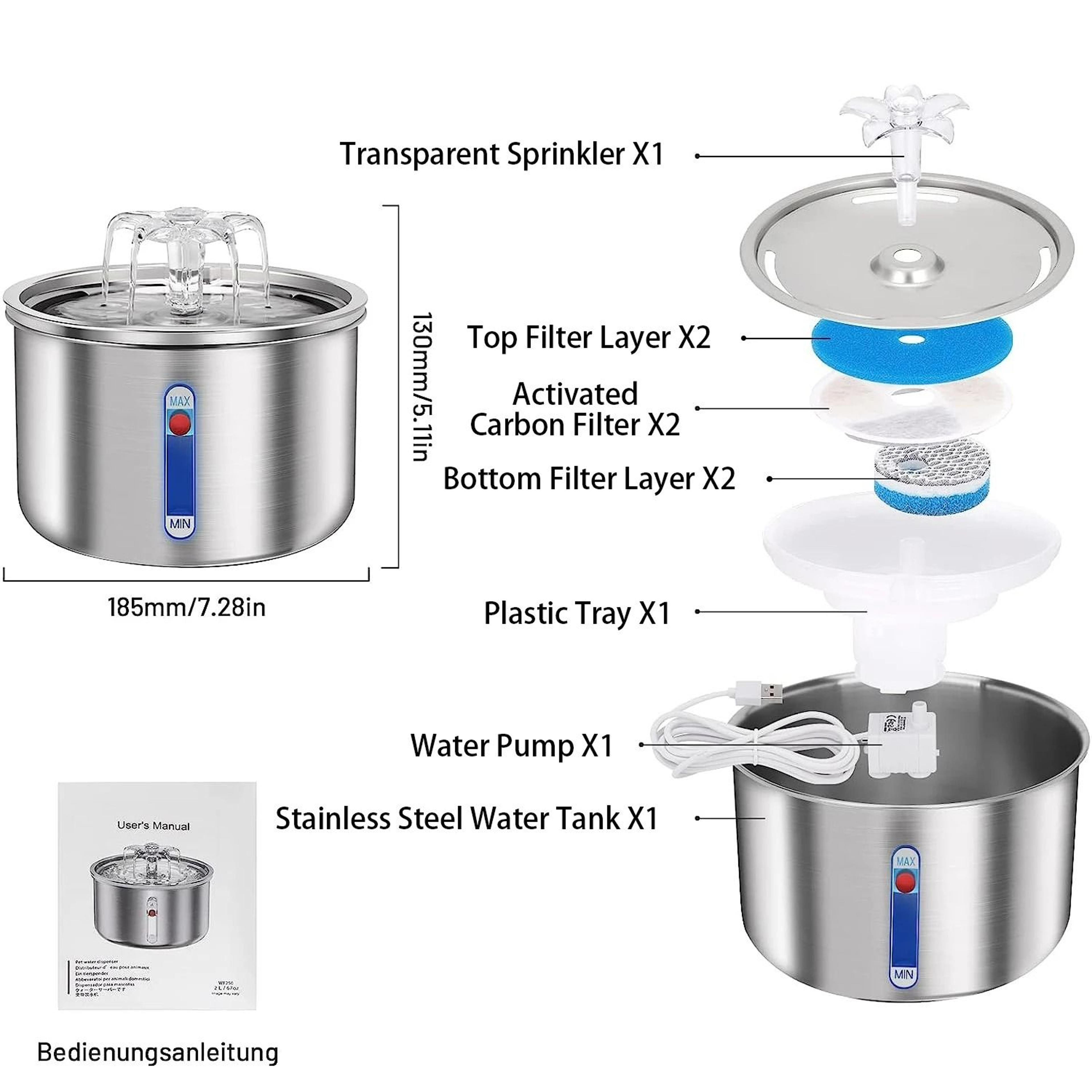 2L Automatic Stainless Steel Pet Fountain With USB Mute Pump 6