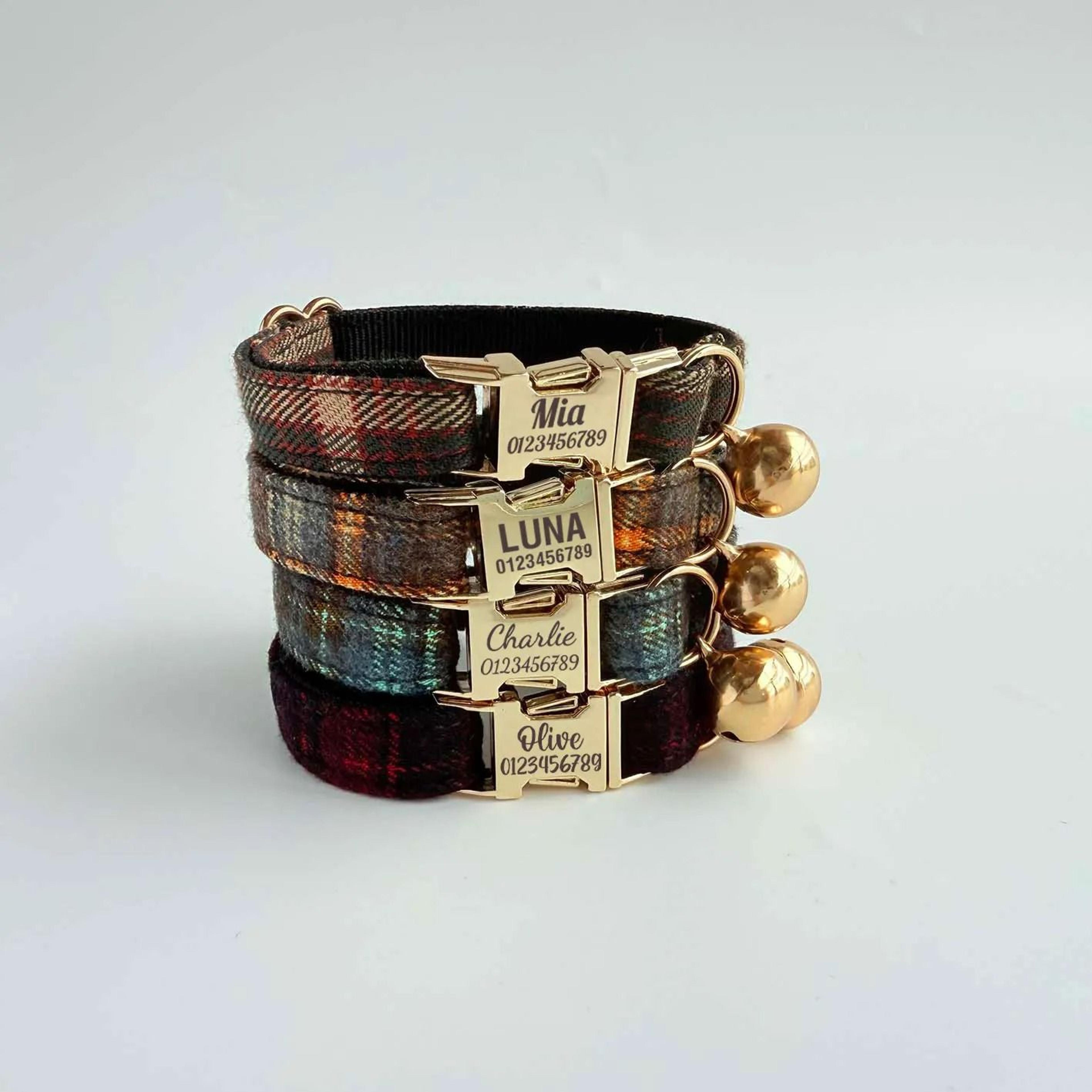 elegant tweed checked cat collar with personalized id plate & detachable pearl charm