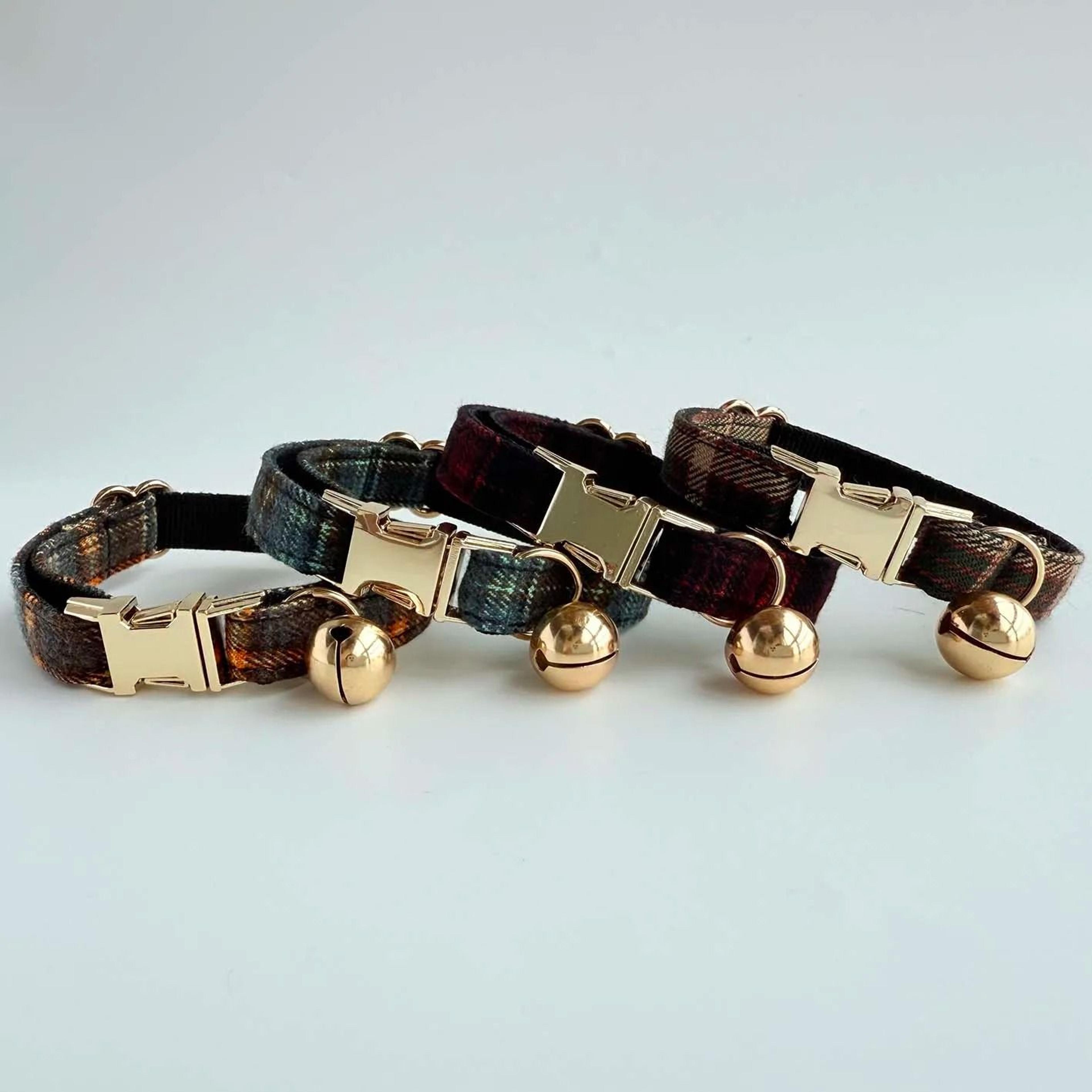 Elegant Tweed Checked Cat Collar With Personalized ID Plate  Detachable Pearl Charm 2
