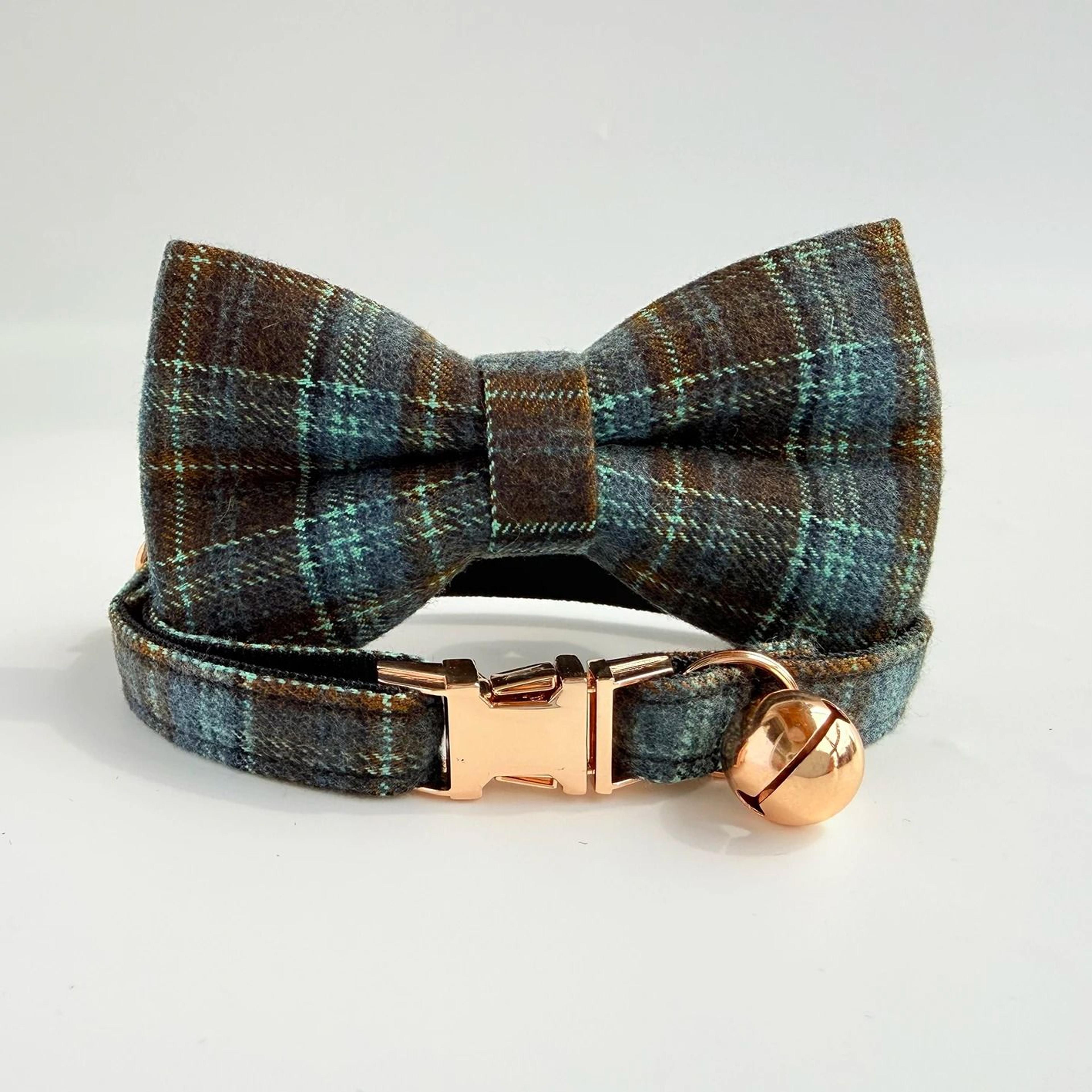 Elegant Tweed Checked Cat Collar With Personalized ID Plate  Detachable Pearl Charm 13