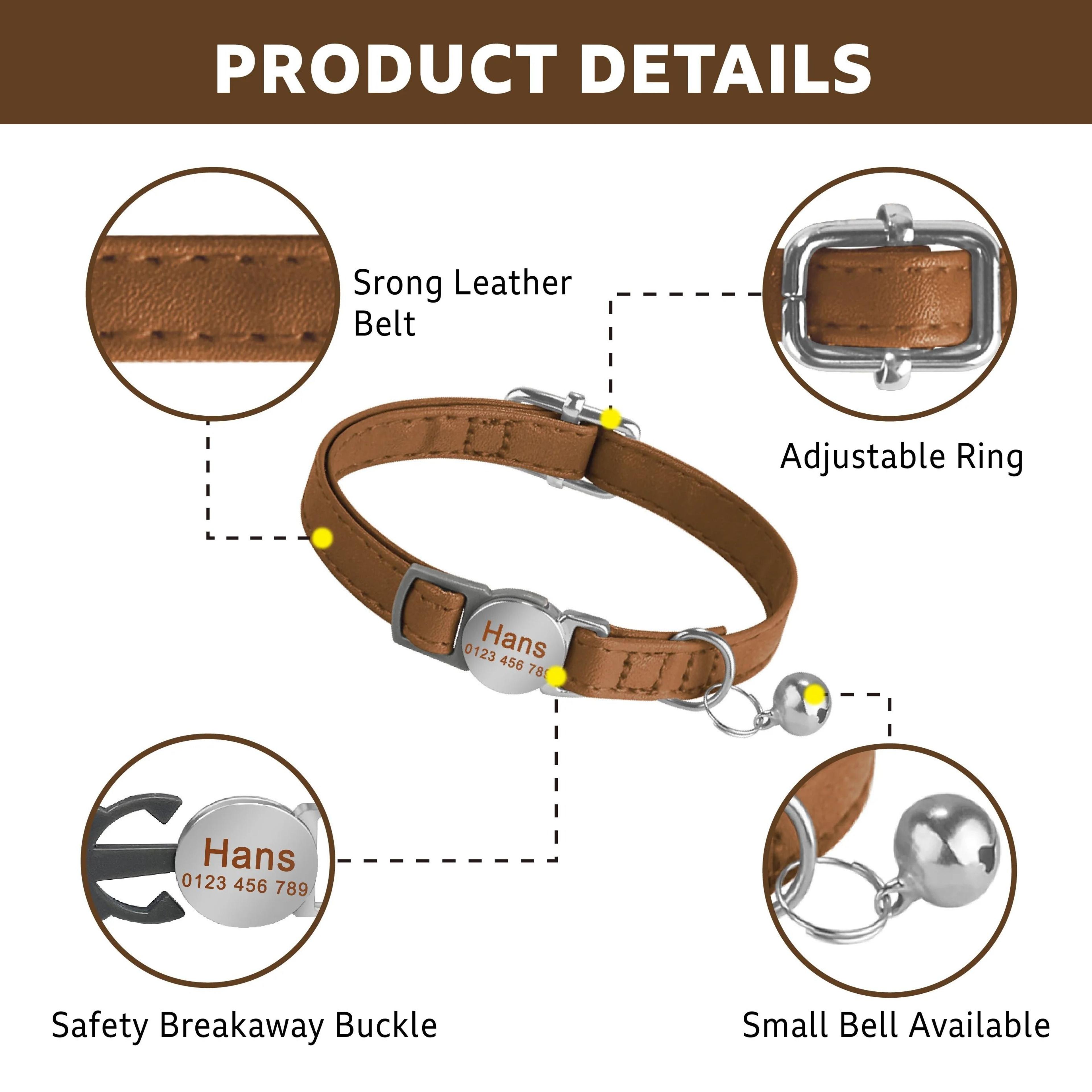 Personalized Leather Breakaway Cat Collar With LaserEngraved Safety Nameplate 2