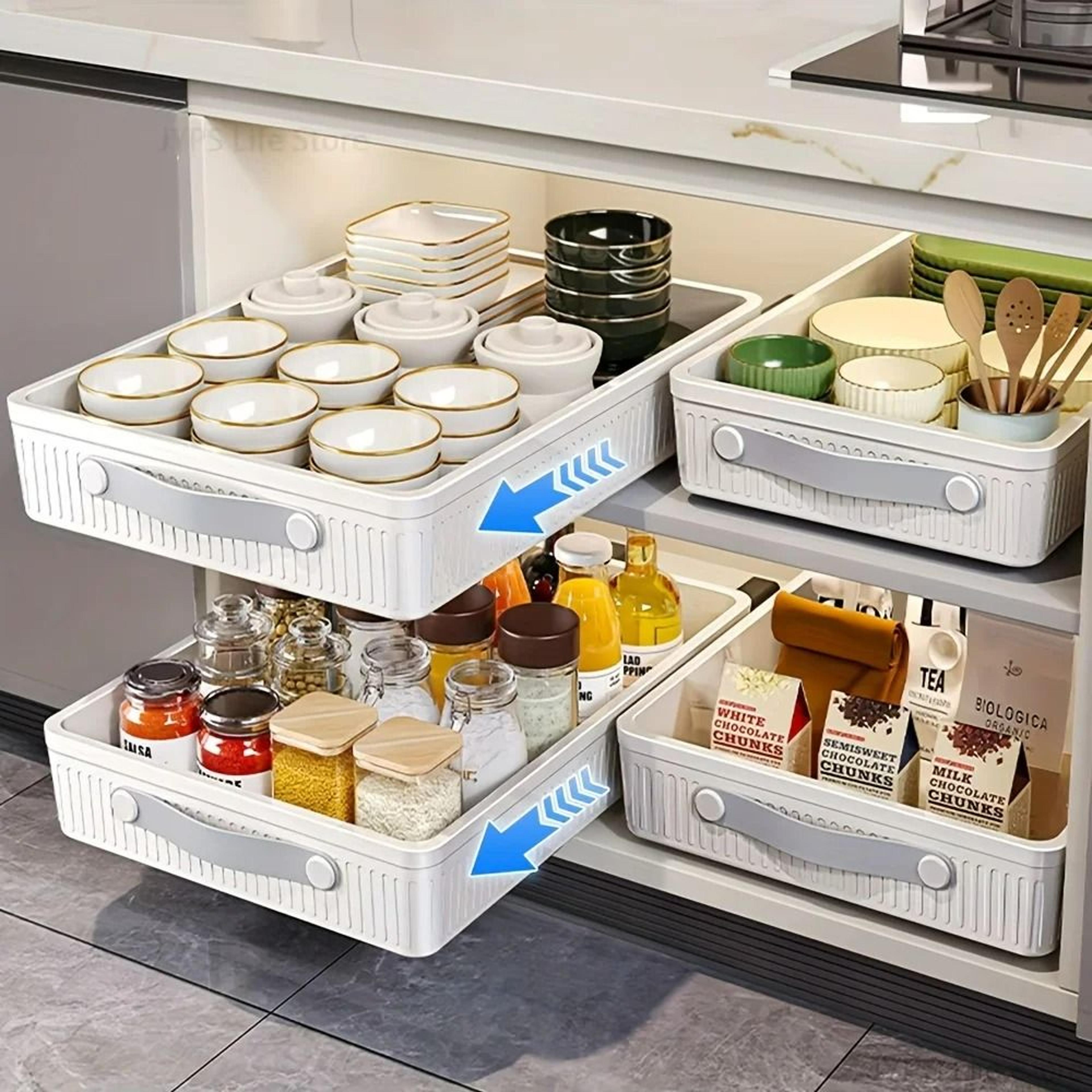 slide-out kitchen cabinet drawer organizer and pull-out spice storage tray