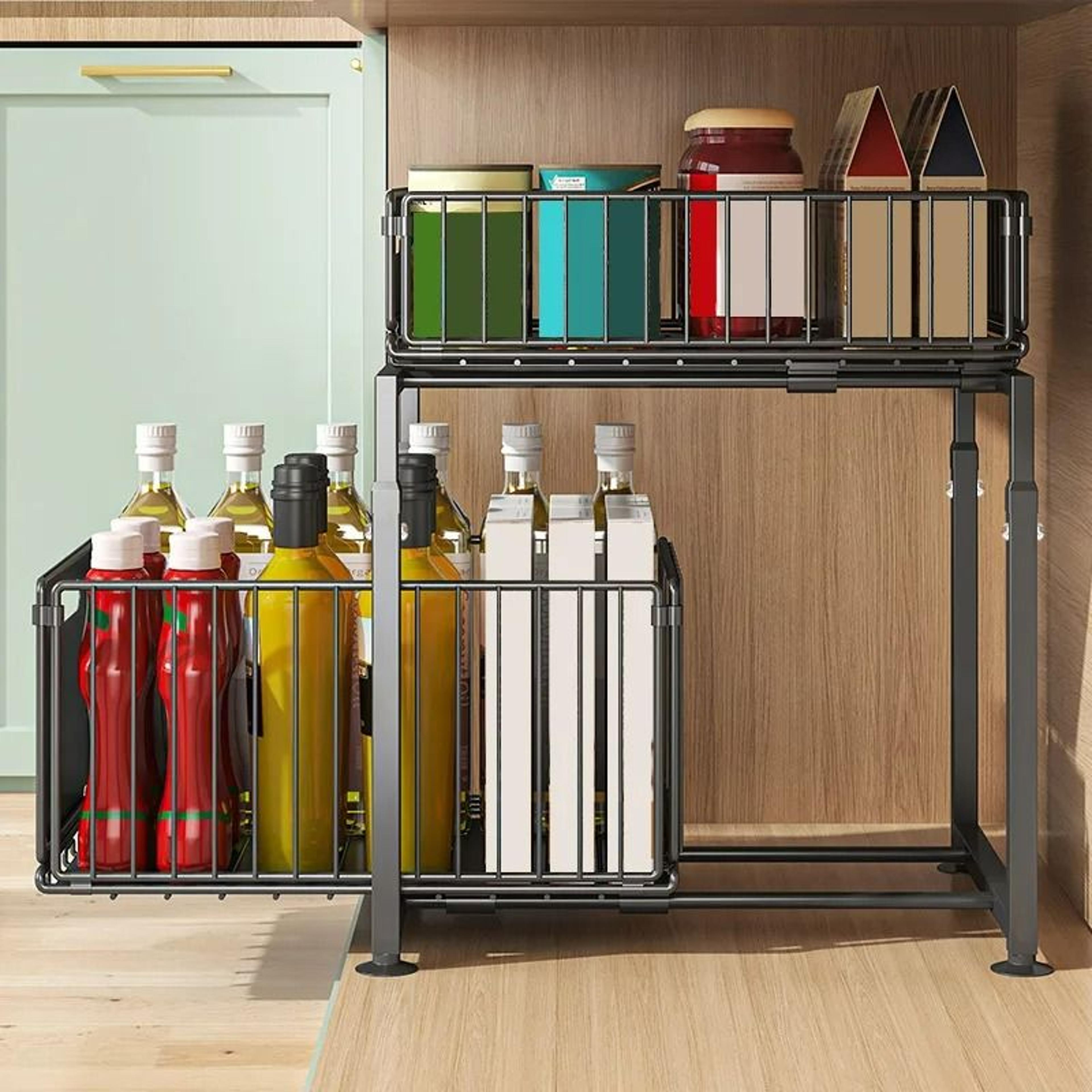 UnderSink Sliding Storage Rack  2Tier PullOut Cabinet Organizer Basket For Spices Snacks  Bathroom  4