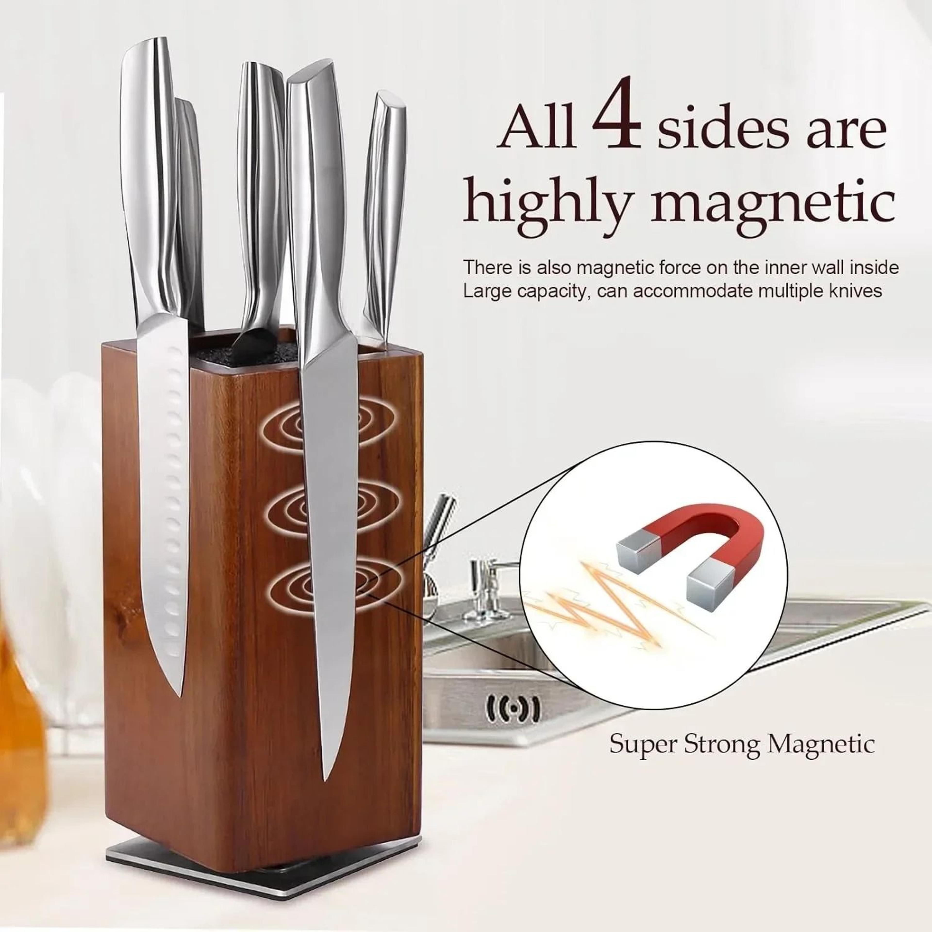 high-quality universal magnetic knife block - 360° rotatable wood knife holder for kitchen cutlery & utensils