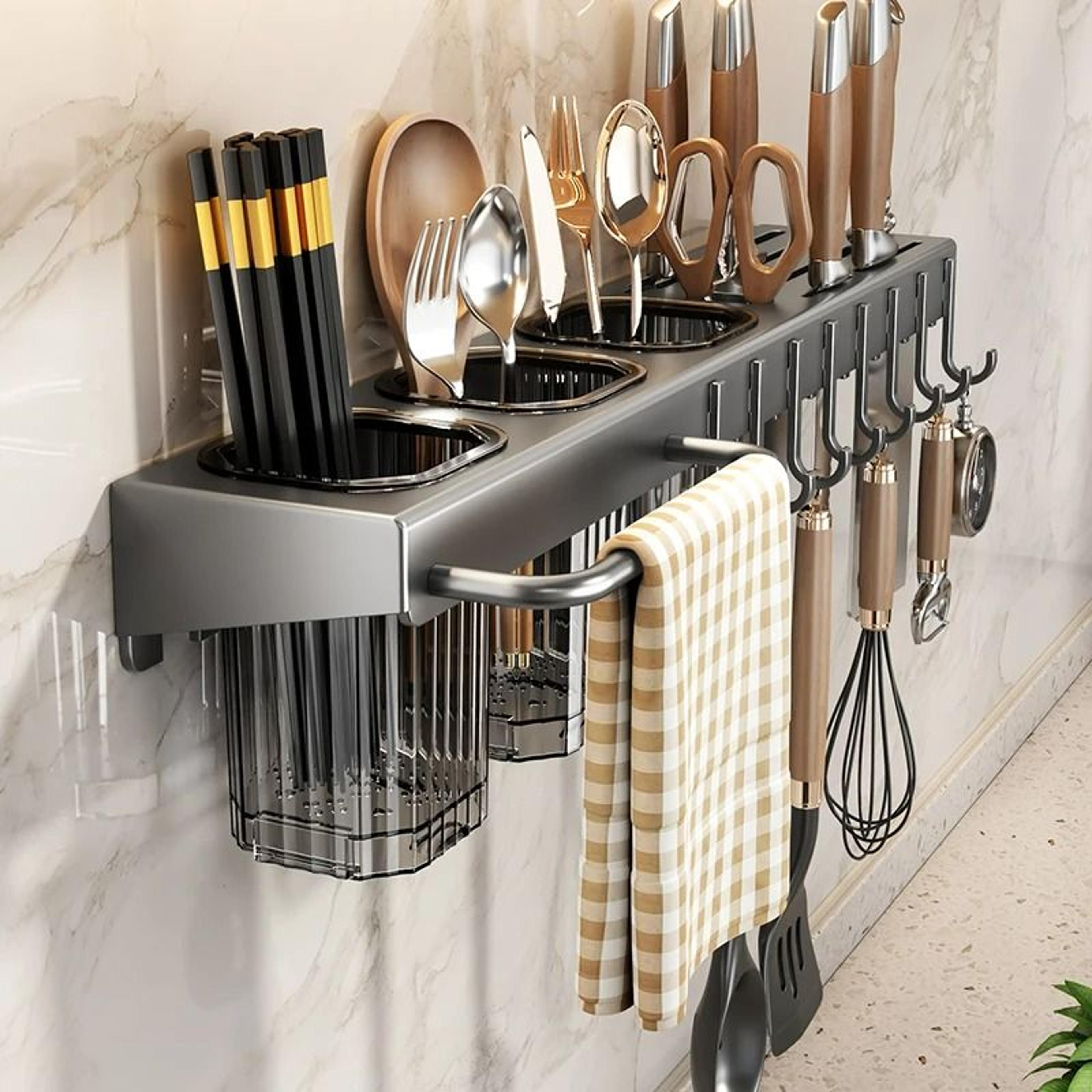 wall-mounted integrated knife rack - multifunctional no-drill kitchen utensil holder with chopstick tube