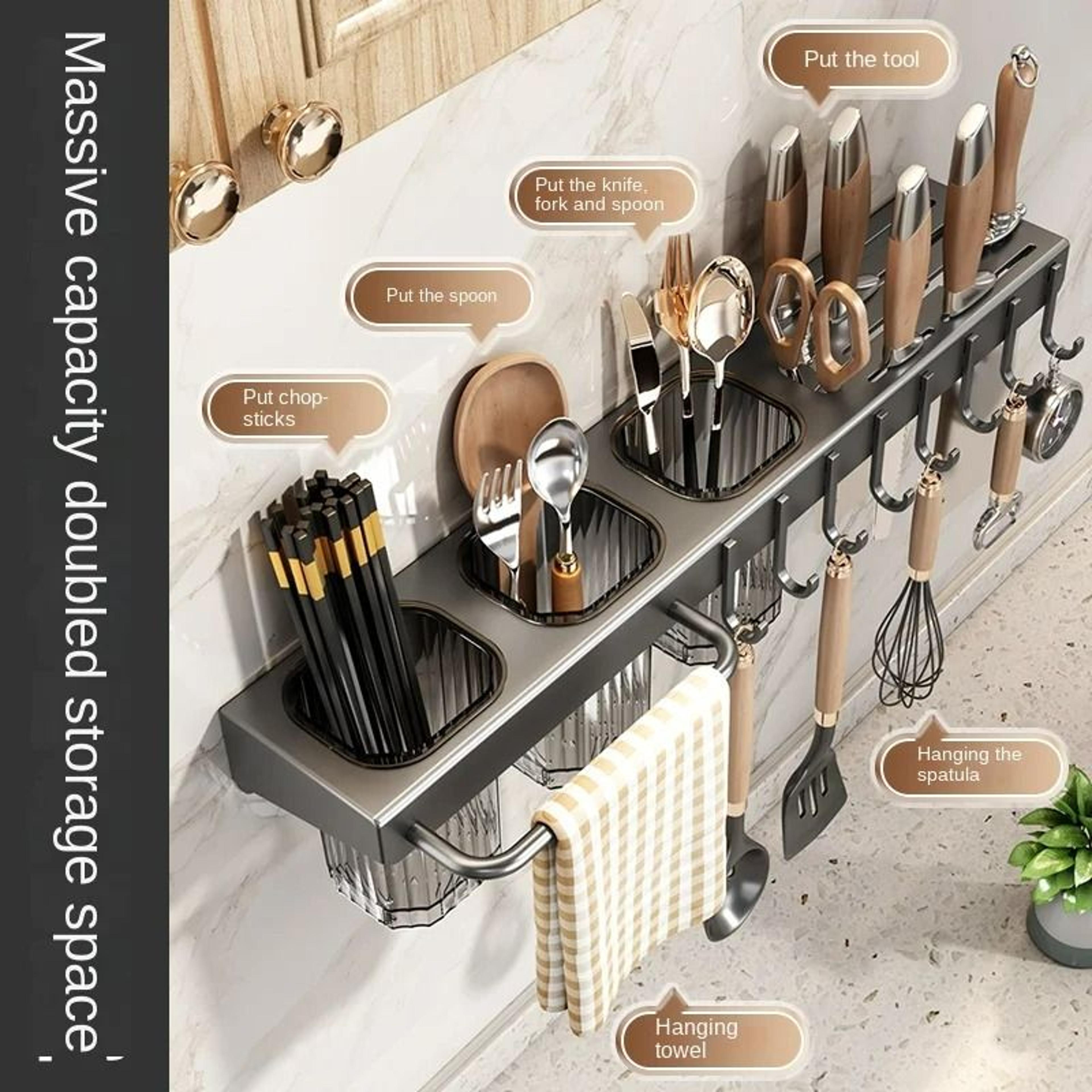 WallMounted Integrated Knife Rack  Multifunctional NoDrill Kitchen Utensil Holder With Chopstick Tu 3