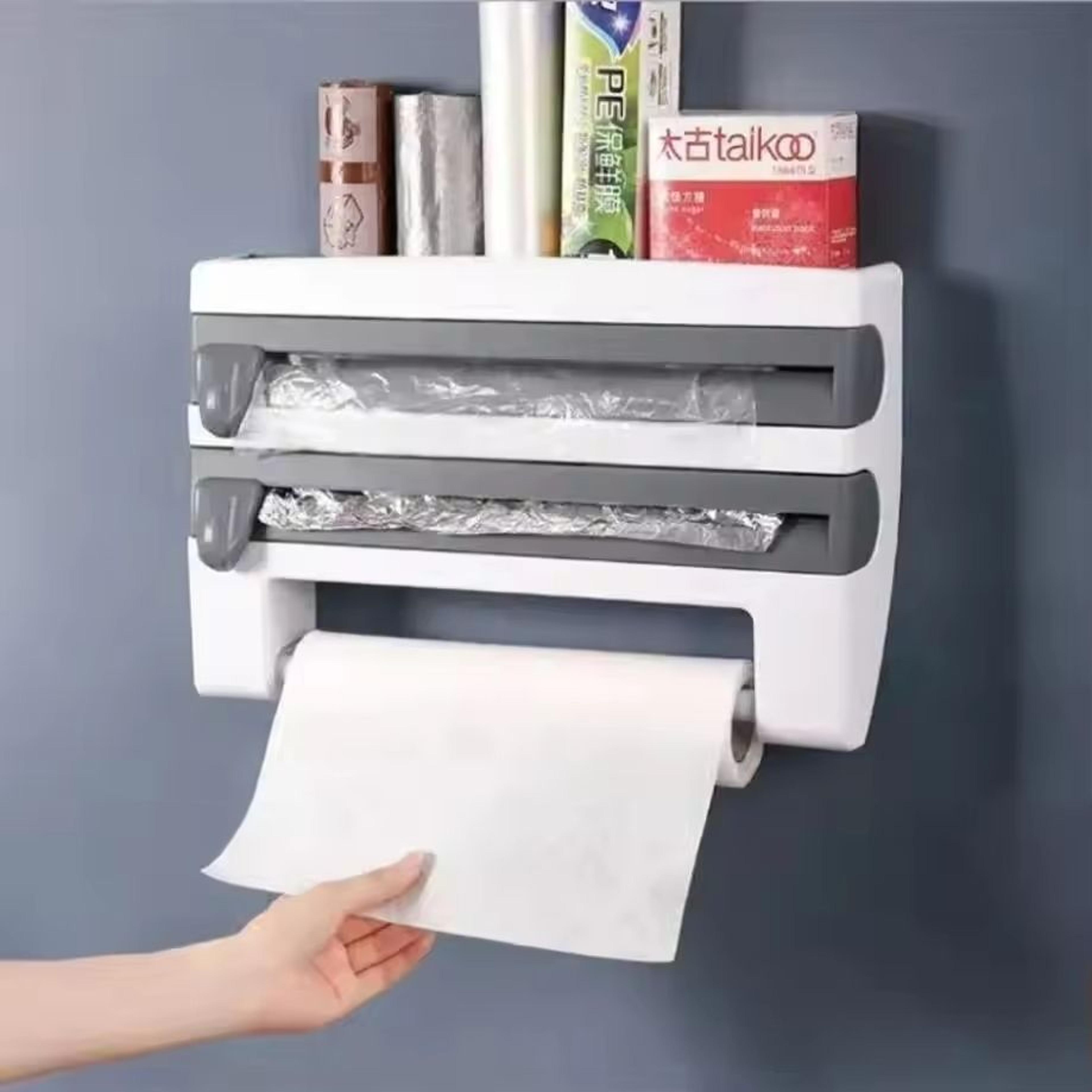 3-in-1 wall-mounted cling film & tissue holder - multifunctional dispenser box with sliding cutter and towel storage rac