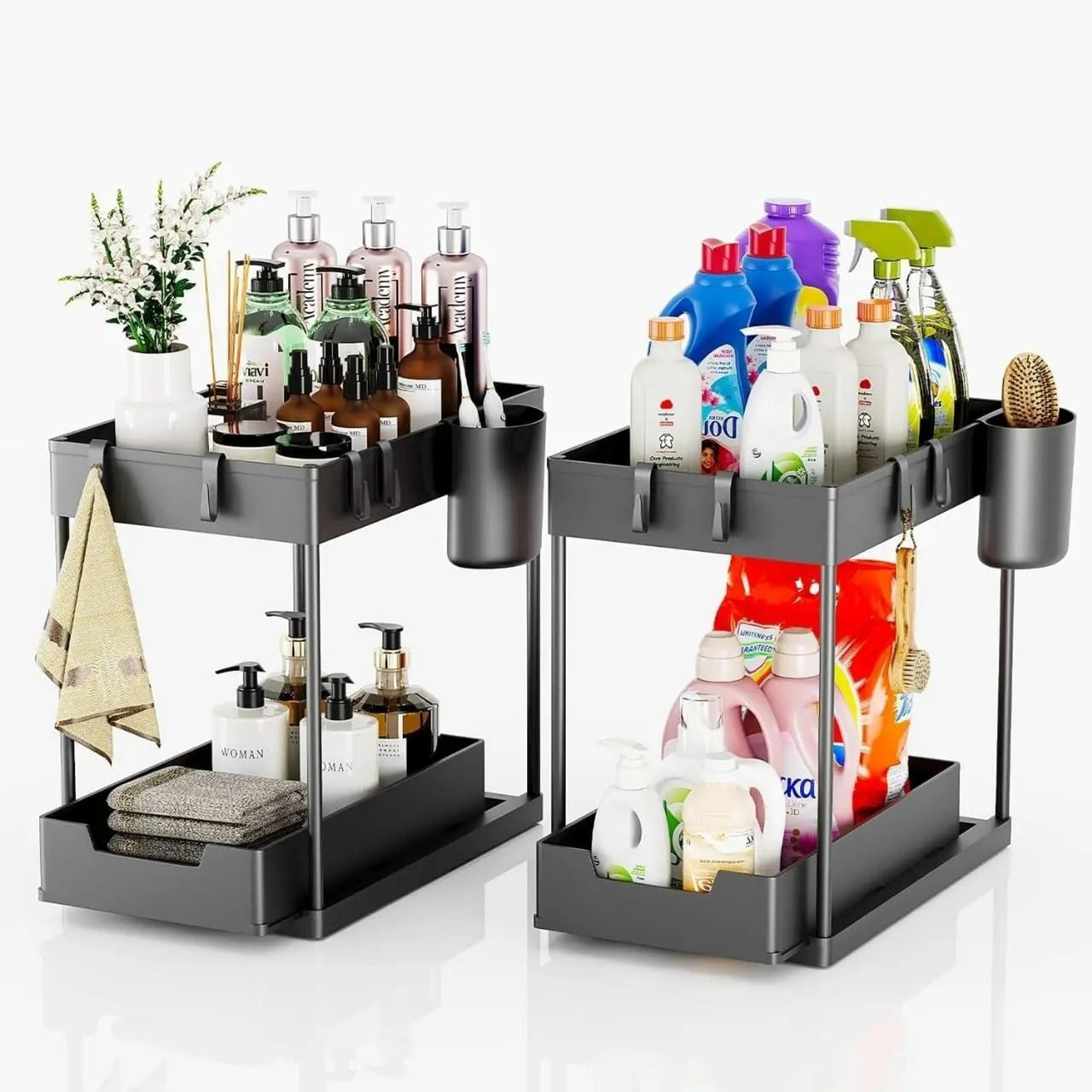 2-tier under-sink organizer and multi-purpose bathroom cabinet storage shelf set