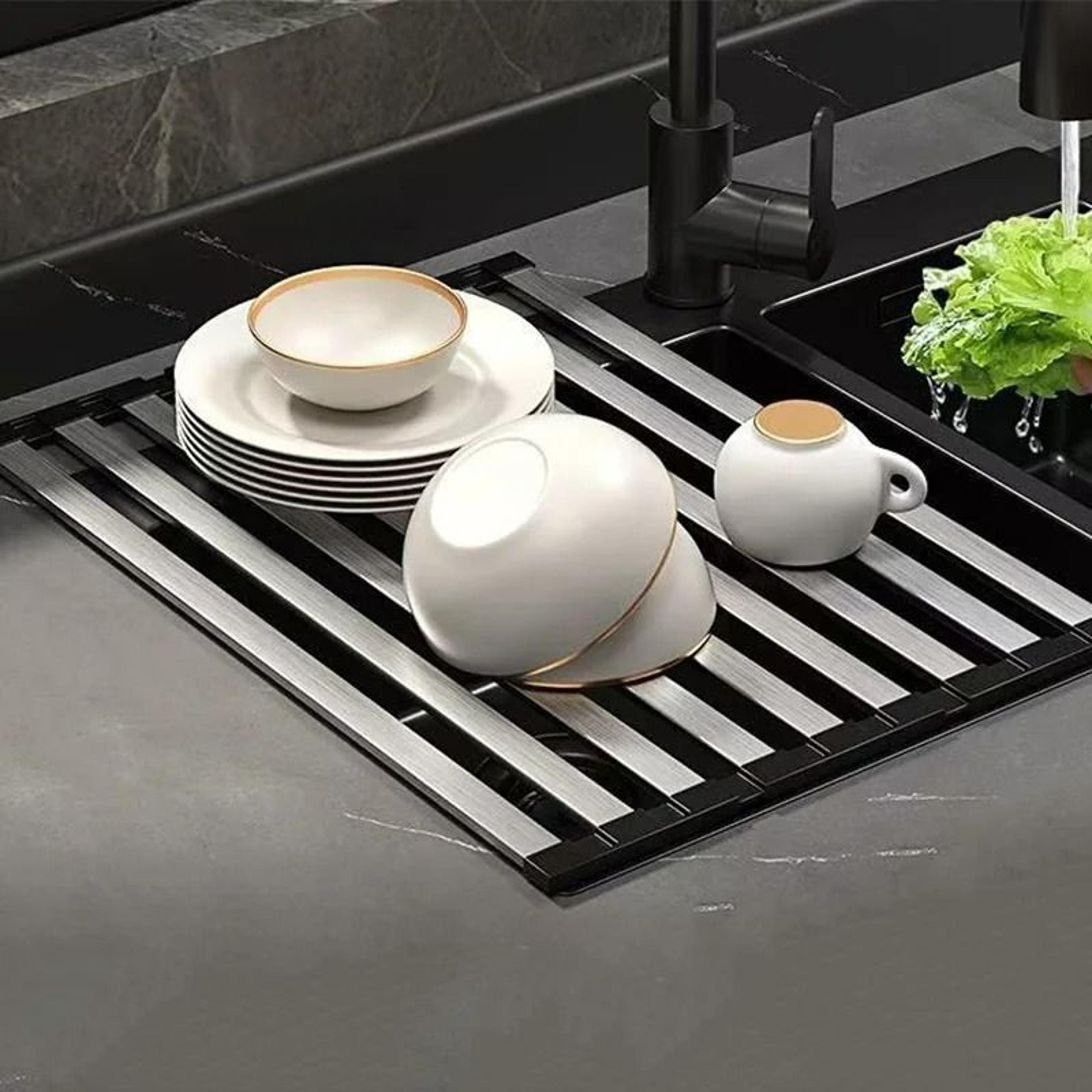 304 Stainless Steel Foldable OvertheSink Dish Drying Rack And SpaceSaving Rolling Mat 4