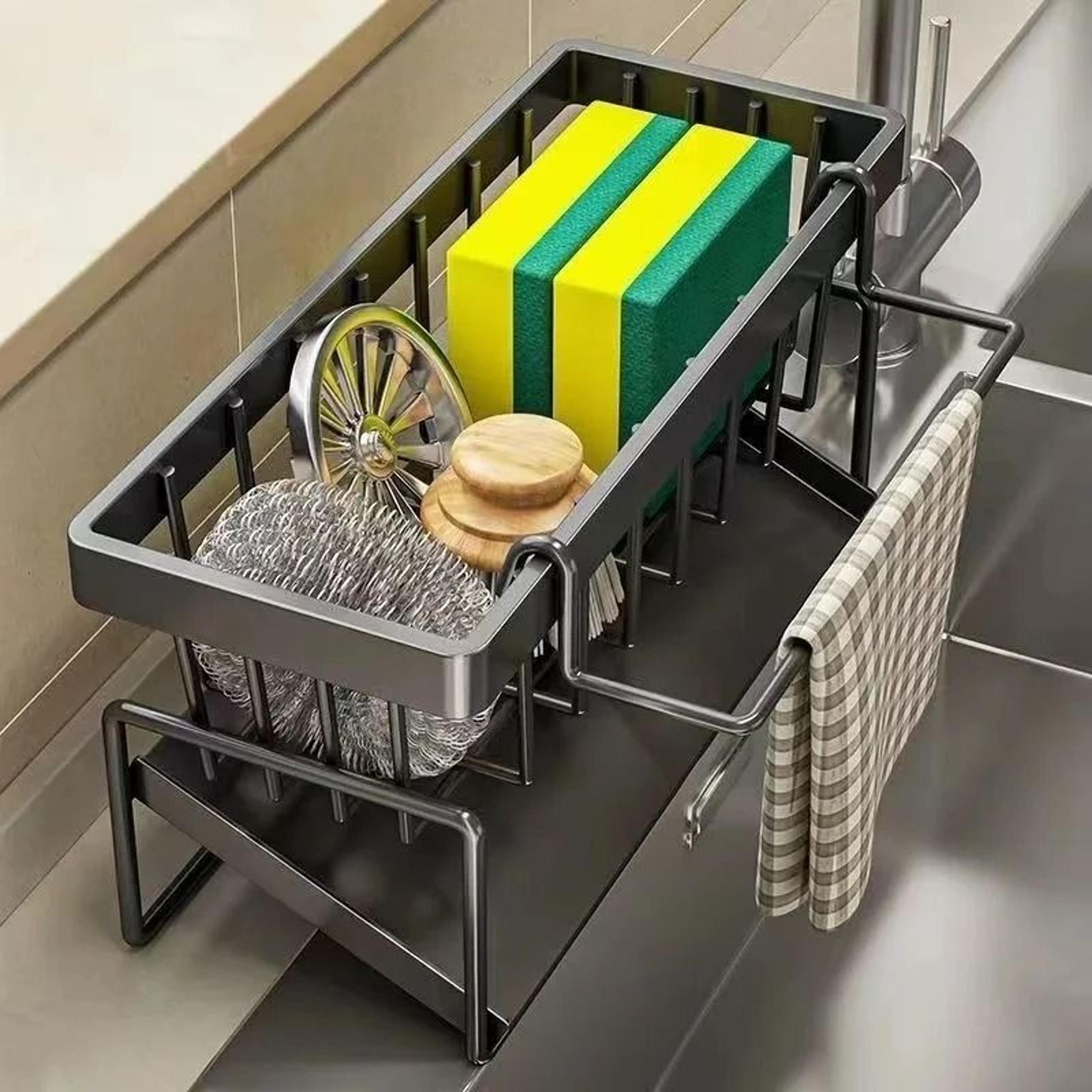 stainless steel faucet-mounted sink drain rack and sponge towel organizer