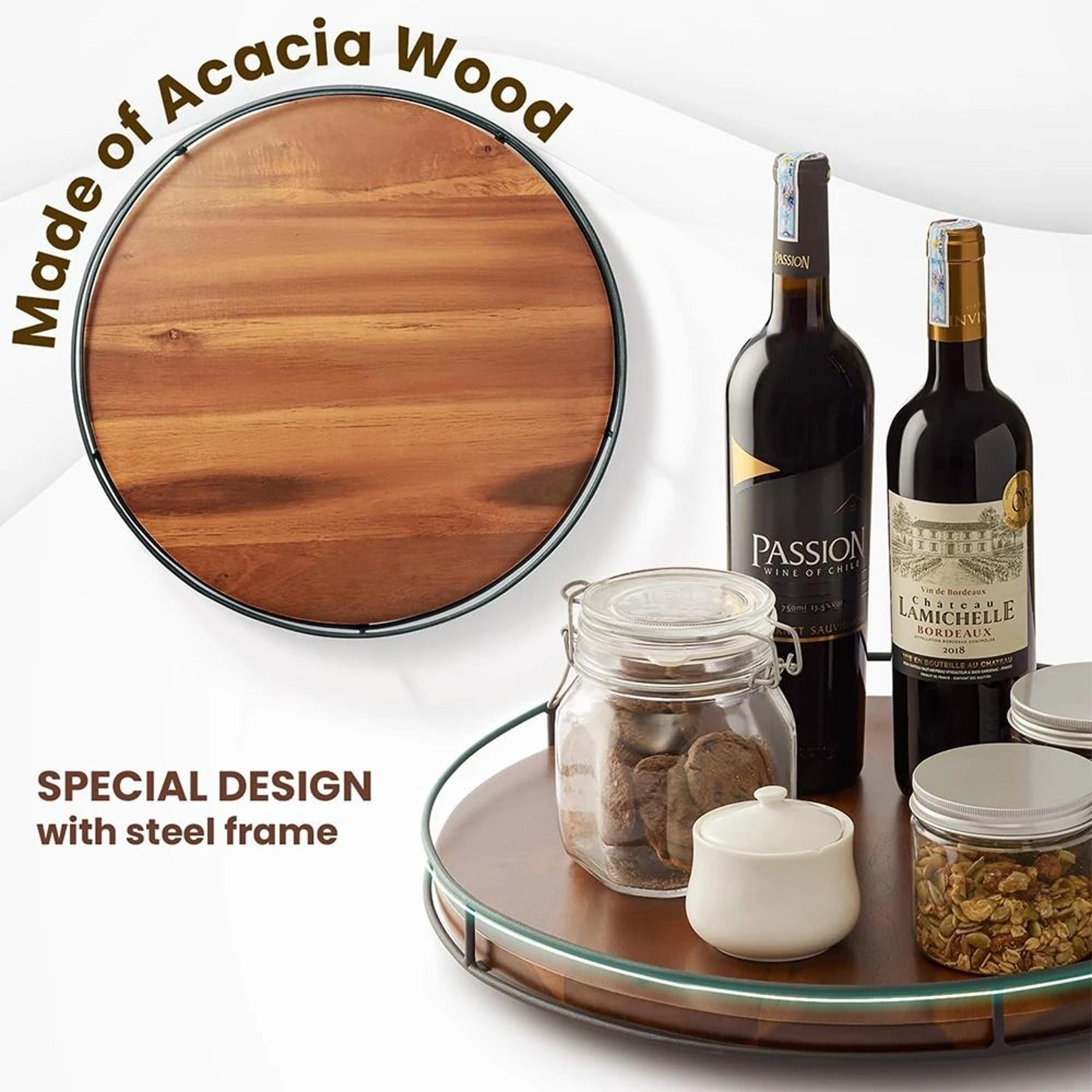 Acacia Wood Lazy Susan Turntable With Industrial Metal Frame And Countertop Storage Serving Tray 3