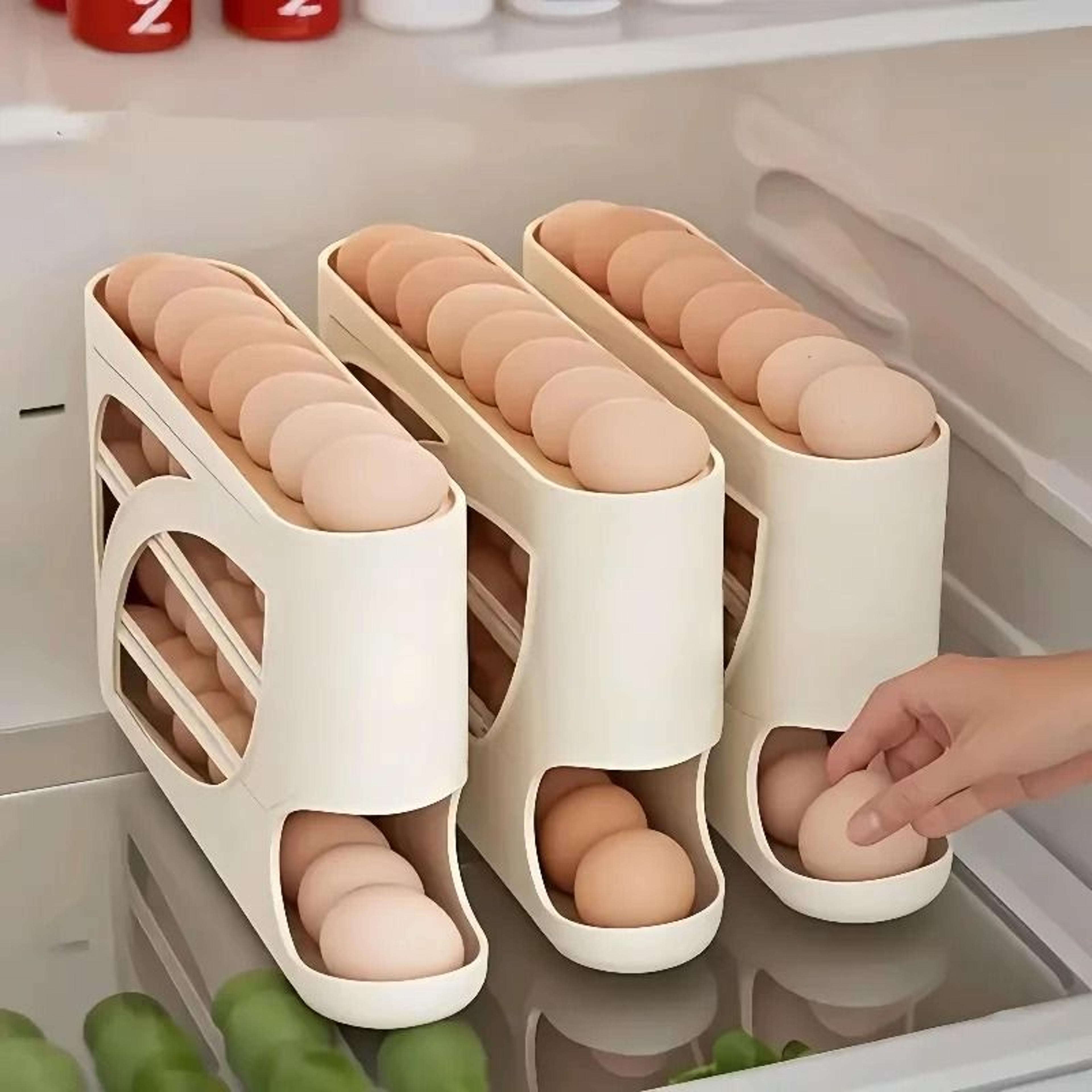 automatic gravity egg roll-down rack and space-saving multi-tier refrigerator storage organizer