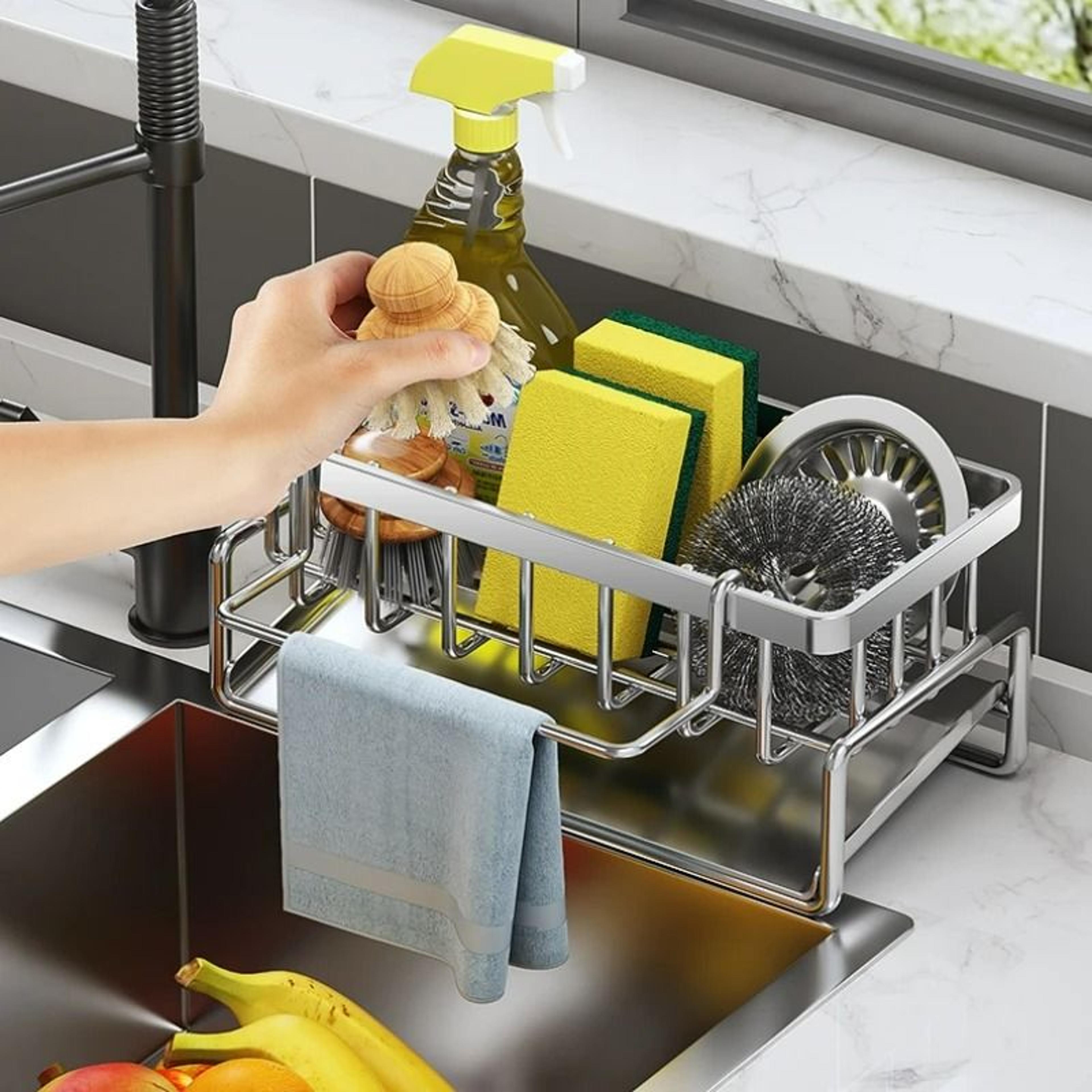 FaucetMounted Stainless Steel Sink Caddy  Adjustable Sponge Soap And Dishcloth Drainer Organizer 9