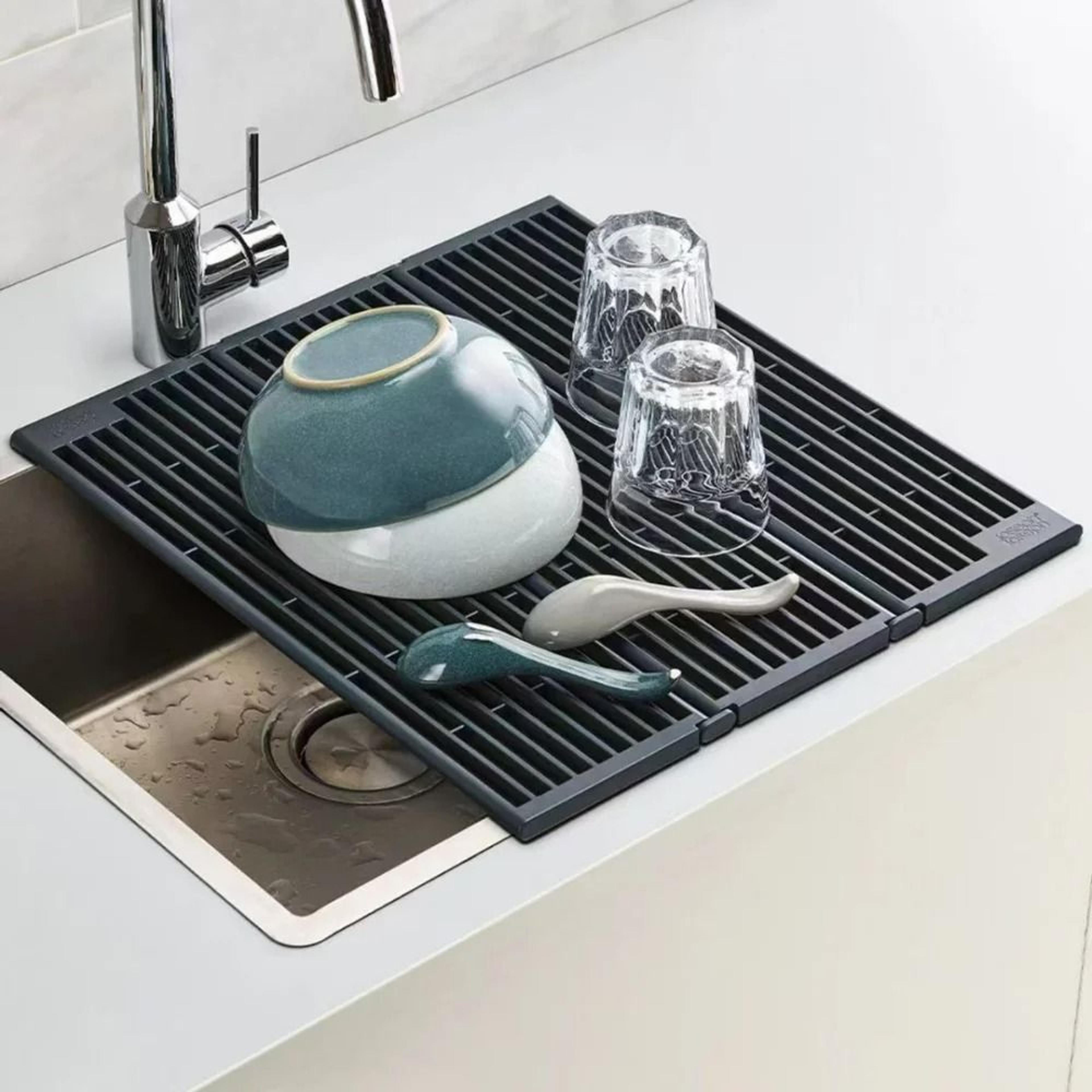 Black Foldable Kitchen Sink Drainer  SplashProof Drying Rack For Dishes  Utensils 1
