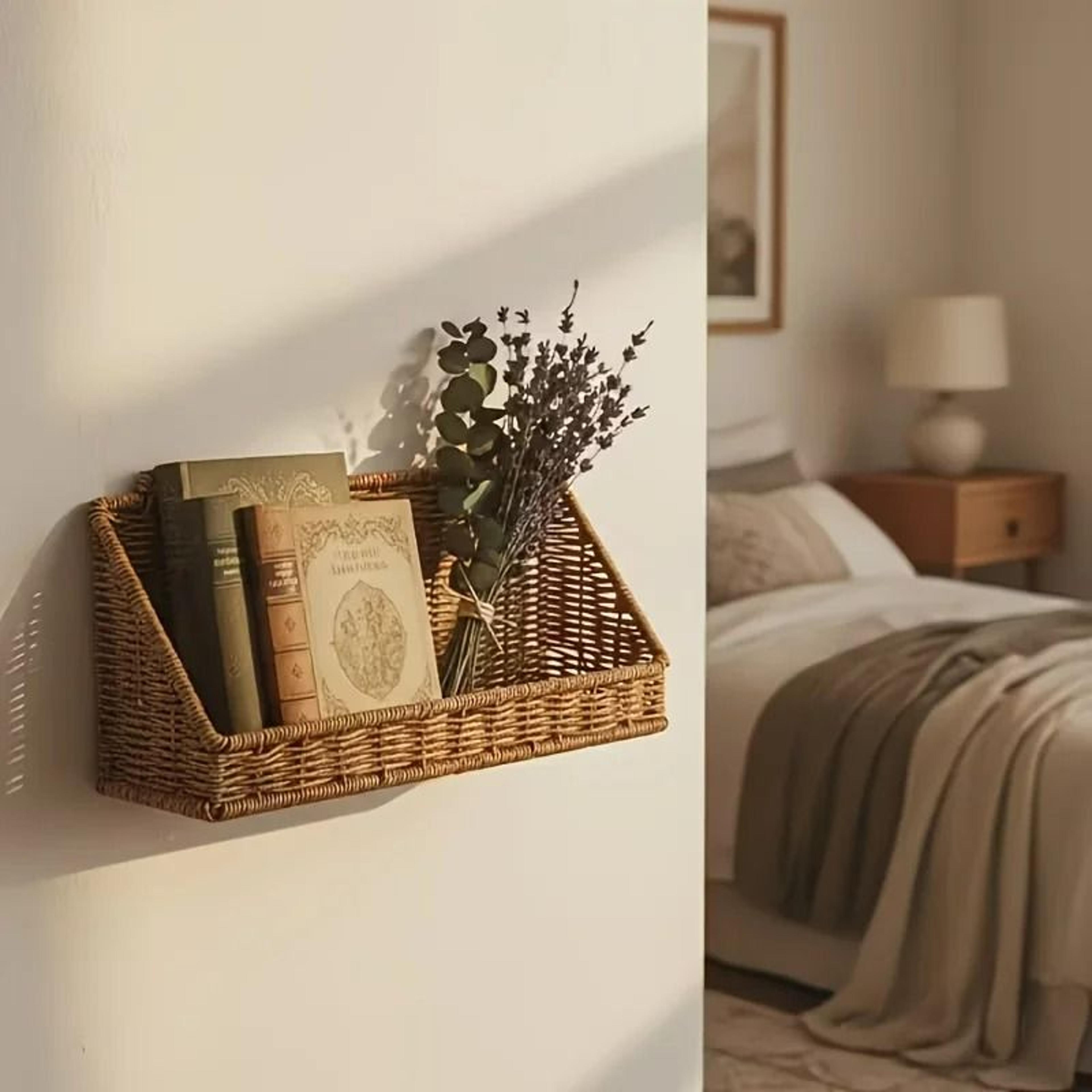 Rustic WallMounted Woven Basket With Hooks  Boho Rattan Storage Hamper For Kitchen Bathroom And Liv 0
