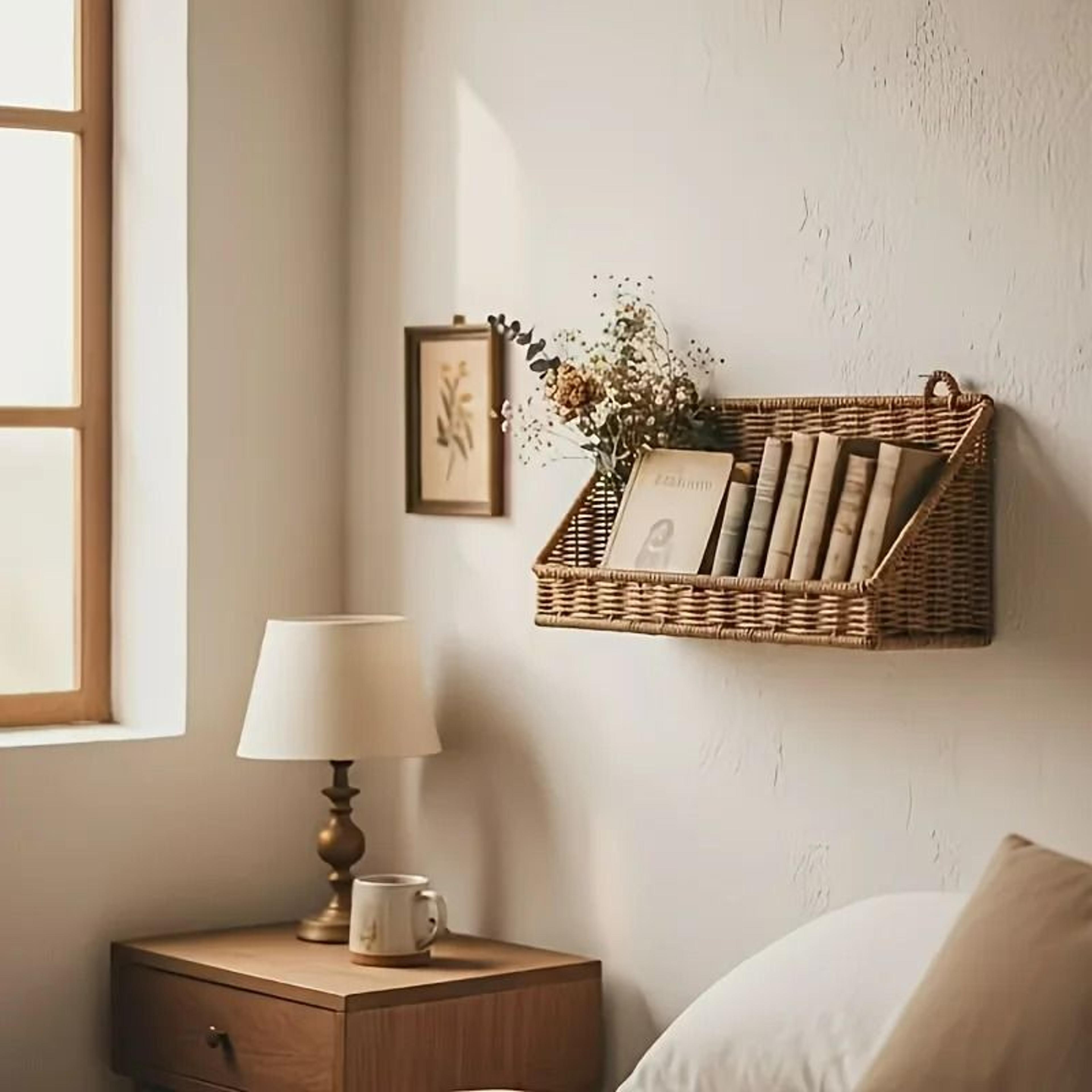 Rustic WallMounted Woven Basket With Hooks  Boho Rattan Storage Hamper For Kitchen Bathroom And Liv 1