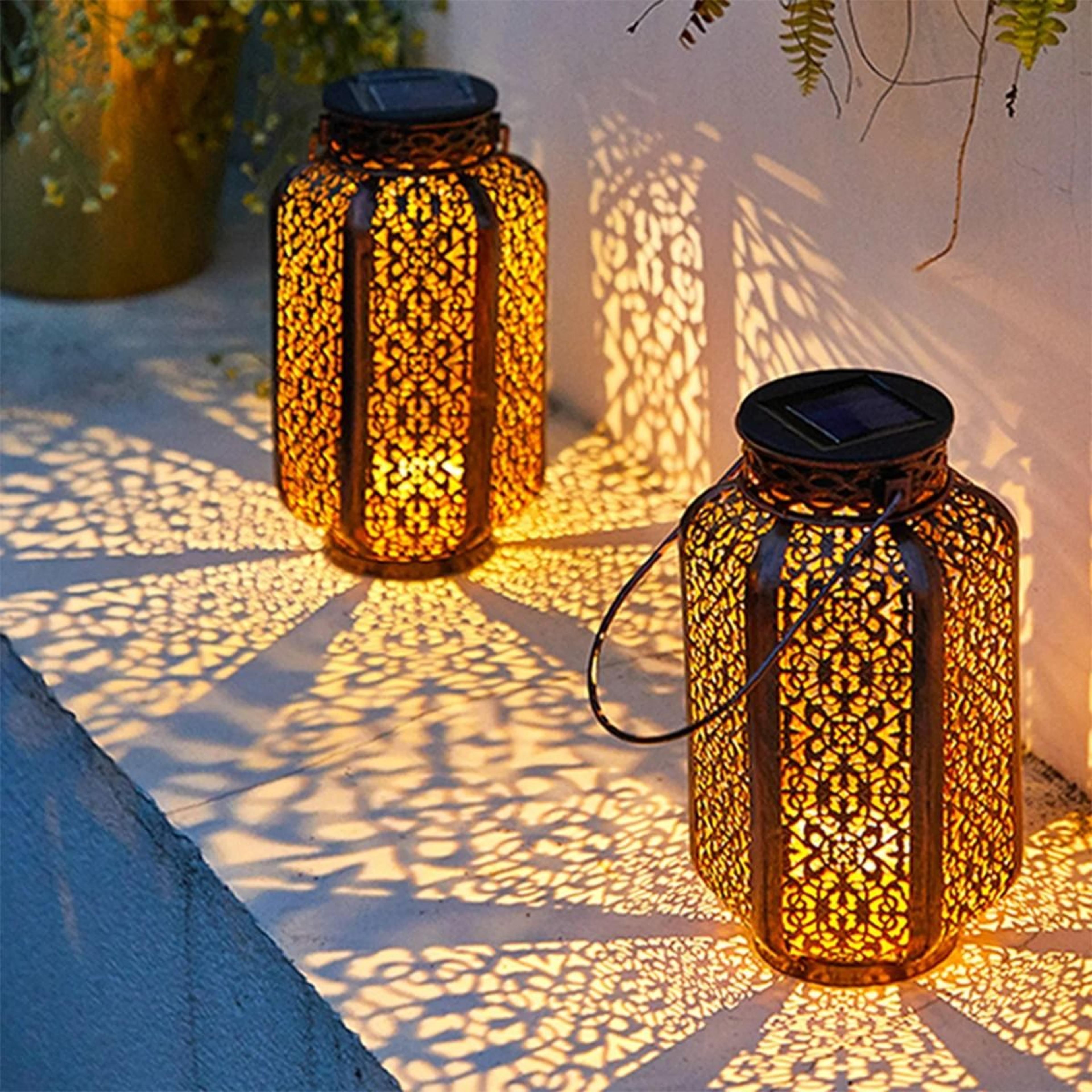 vintage solar-powered hanging iron art lantern & outdoor decorative hollow-pattern pathway lamp