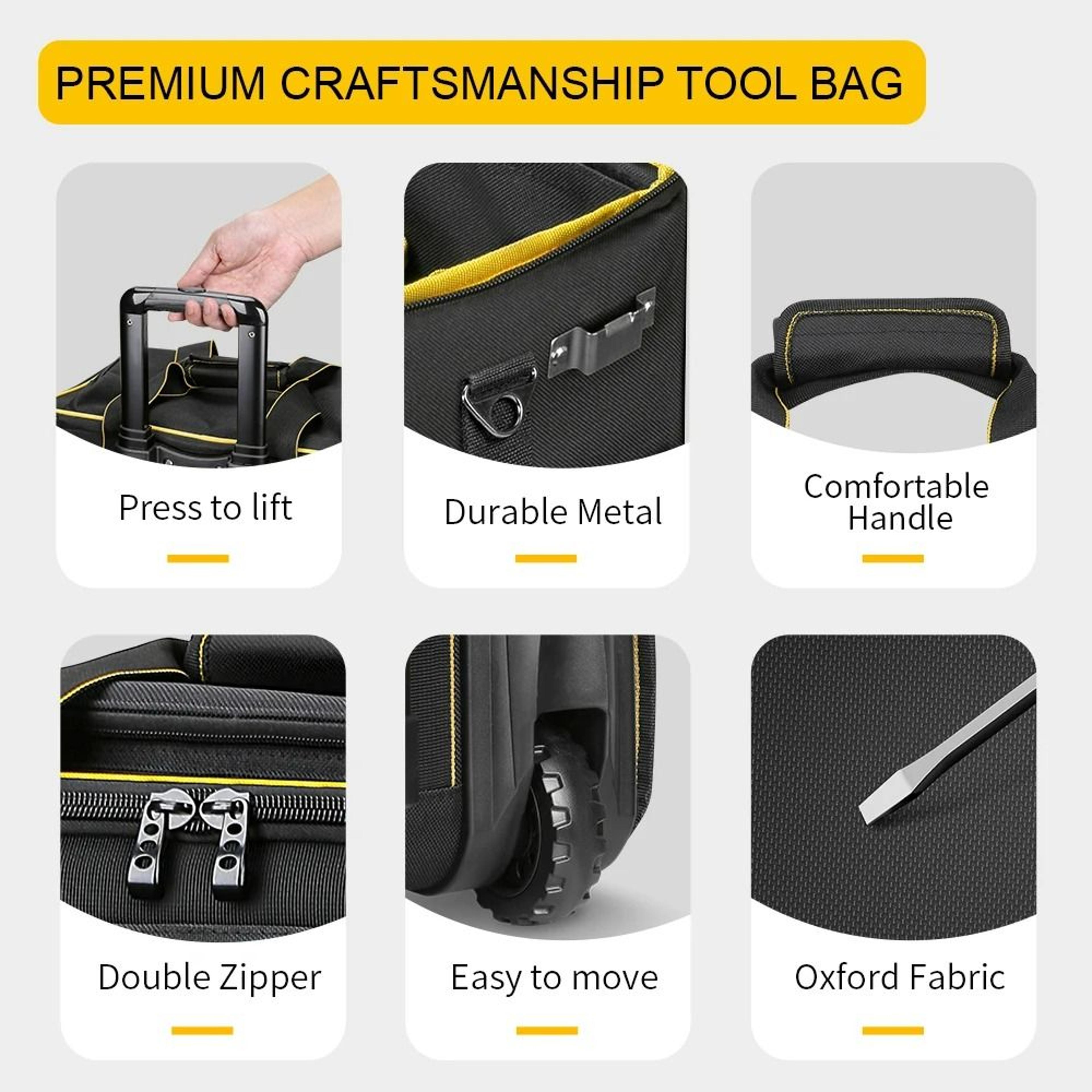 Rolling Tool Bag  HeavyDuty Storage Organizer With Telescoping Rubber Handle And AllTerrain Wheels 4