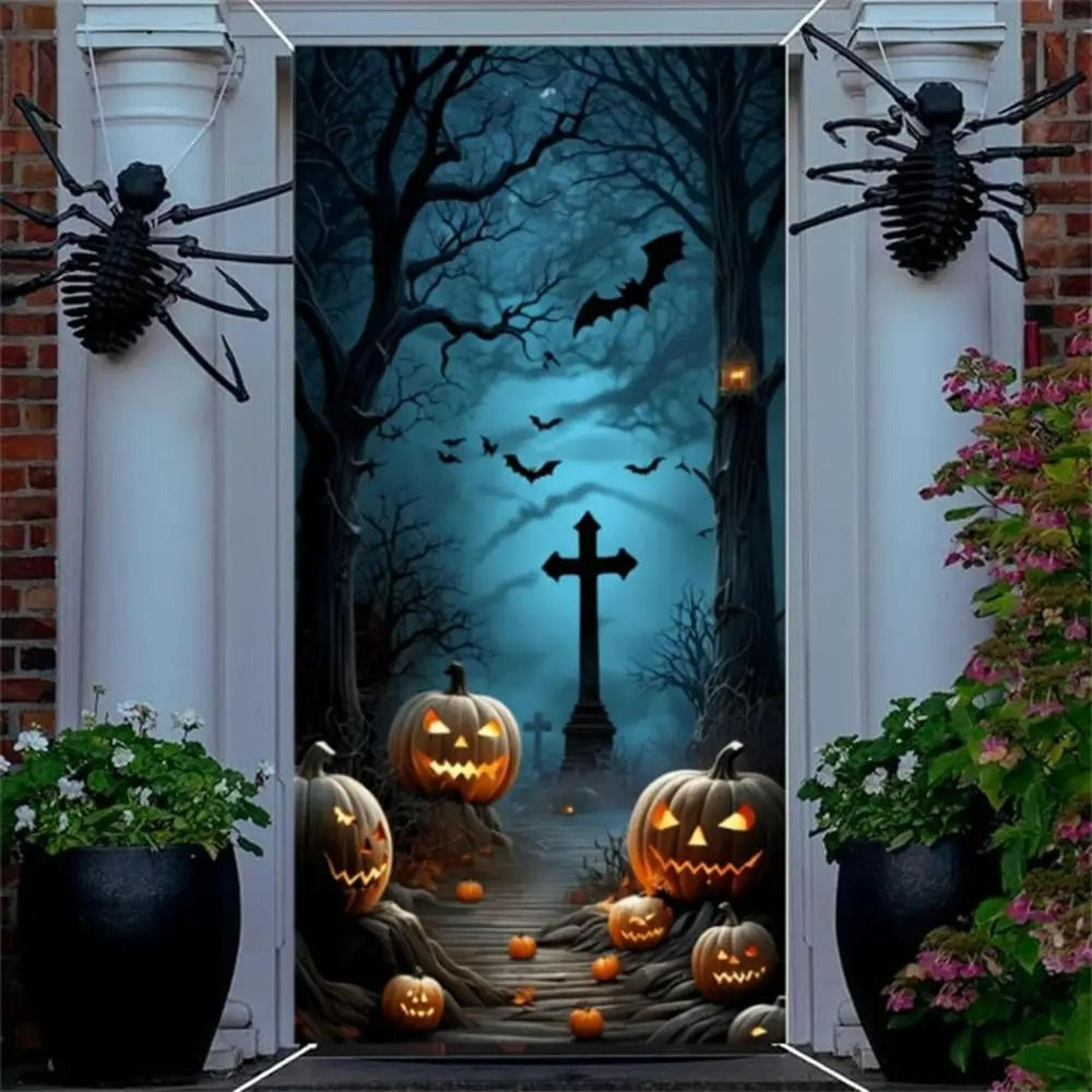 halloween scary cemetery & moon night door cover banner