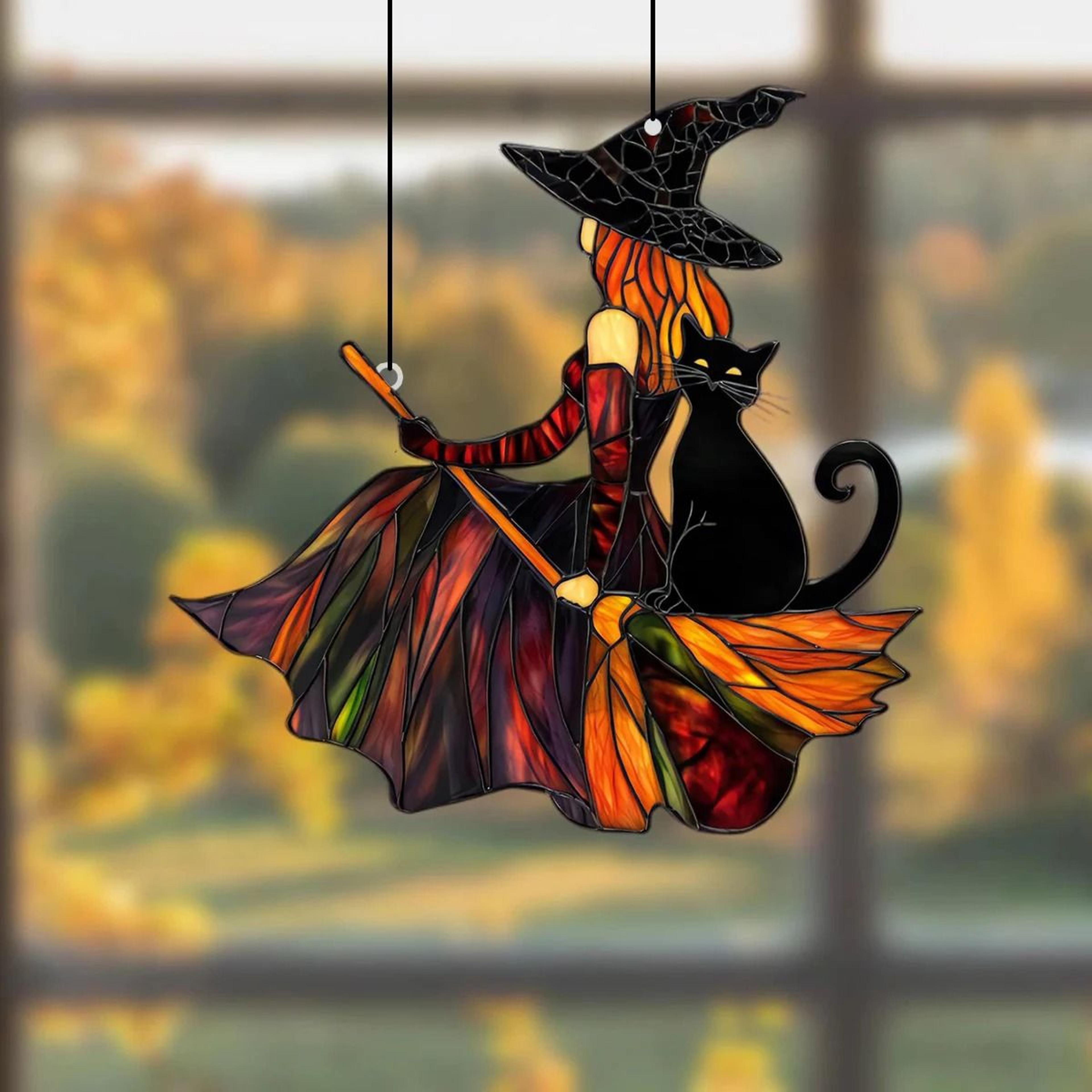 Gothic Acrylic Witch  Black Cat Suncatcher 0
