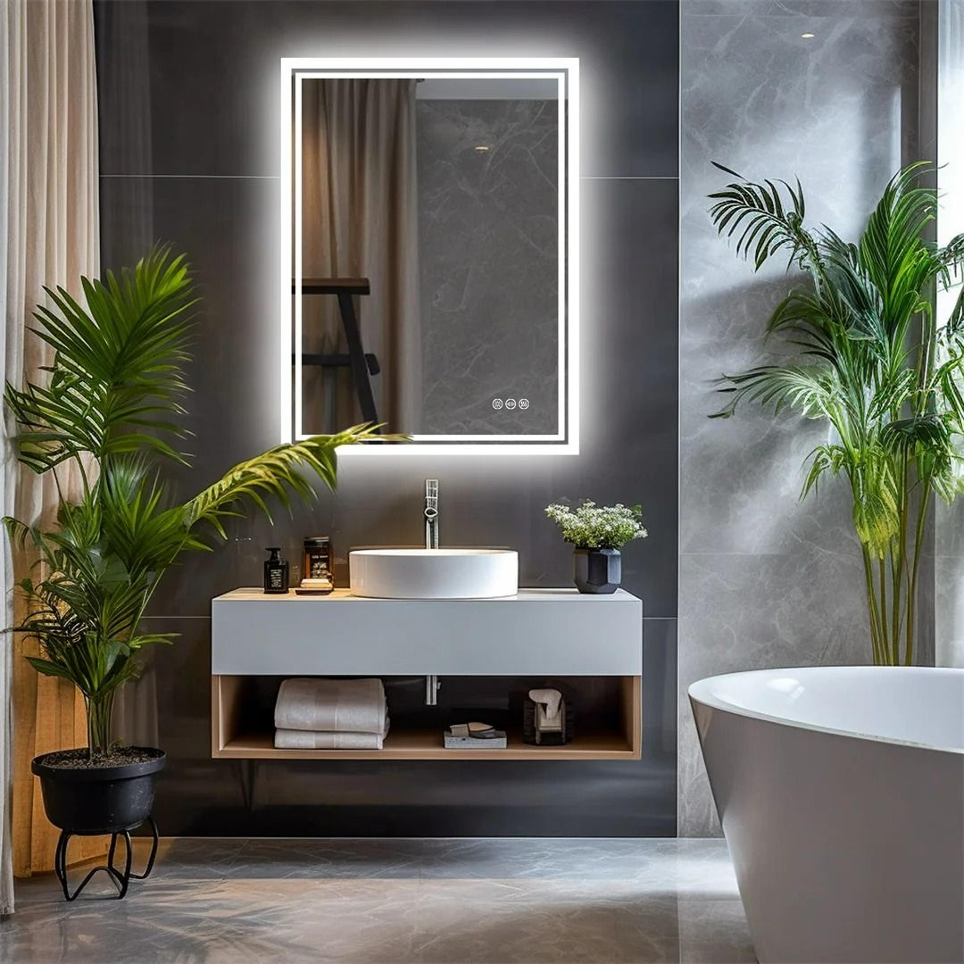 frameless dimmable led backlit bathroom mirror with defogger