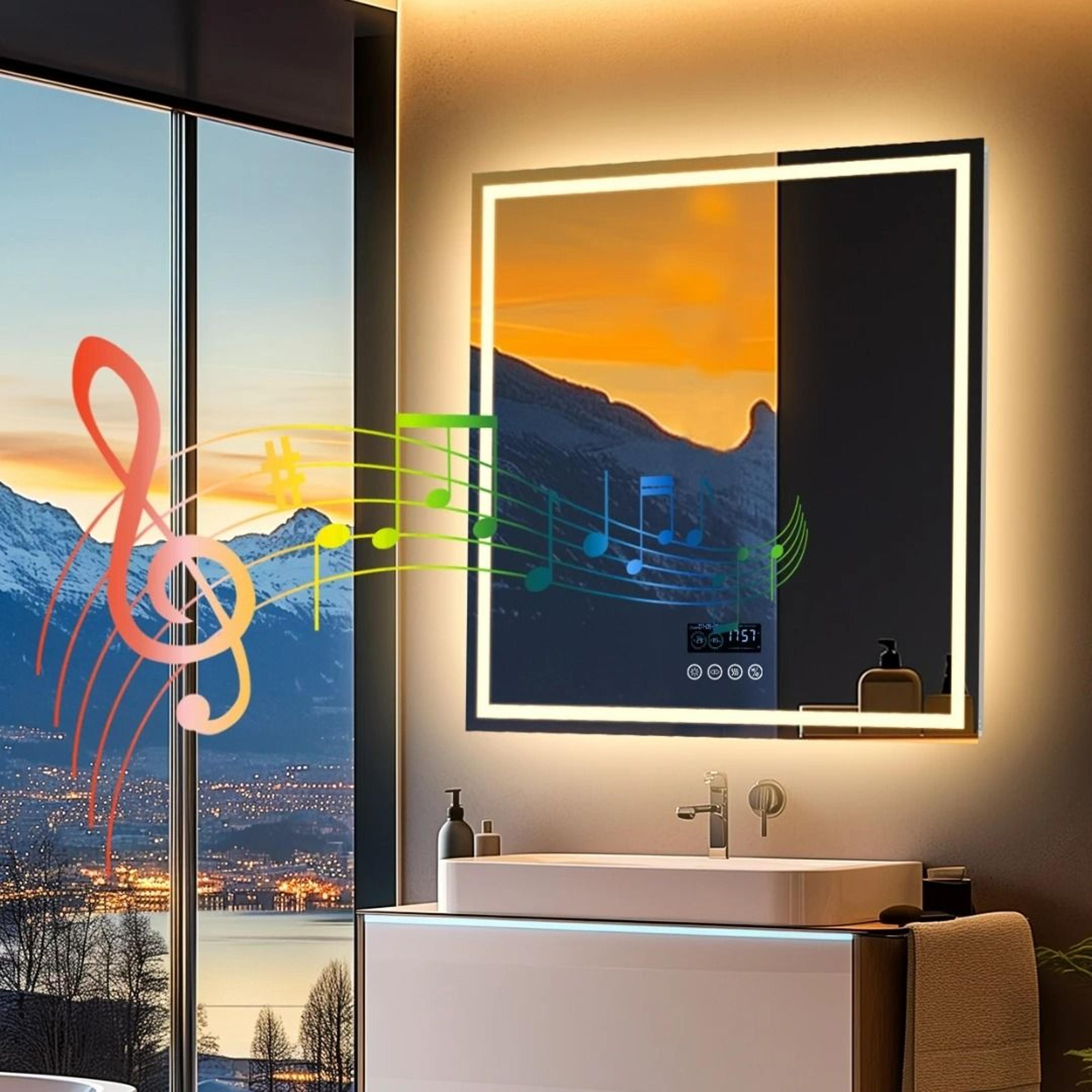 Square Smart LED Bathroom Mirror With Bluetooth Clock  Temperature Display 0
