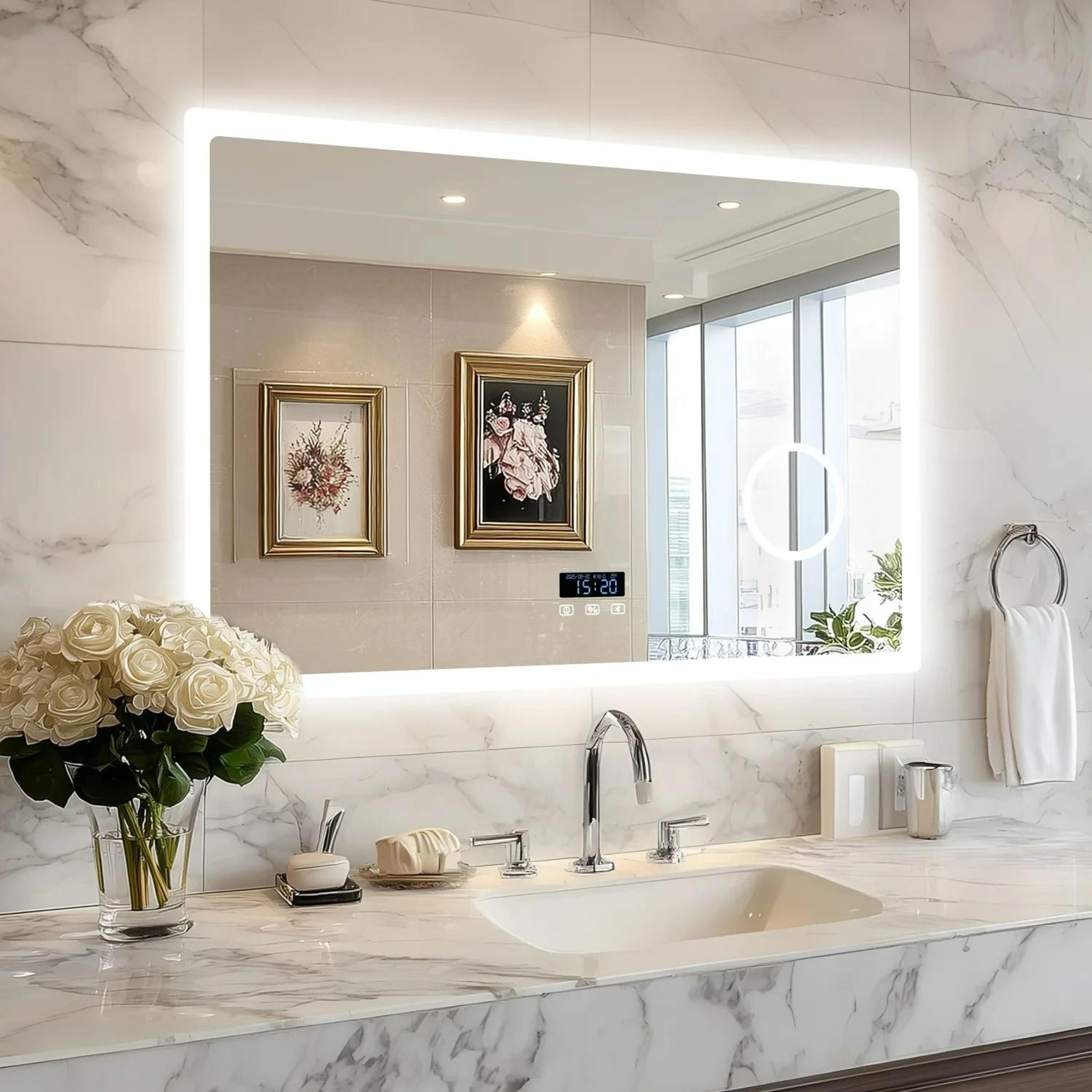 Backlit LED Bathroom Mirror With Integrated 3x Magnifier Bluetooth  Screen Display 8