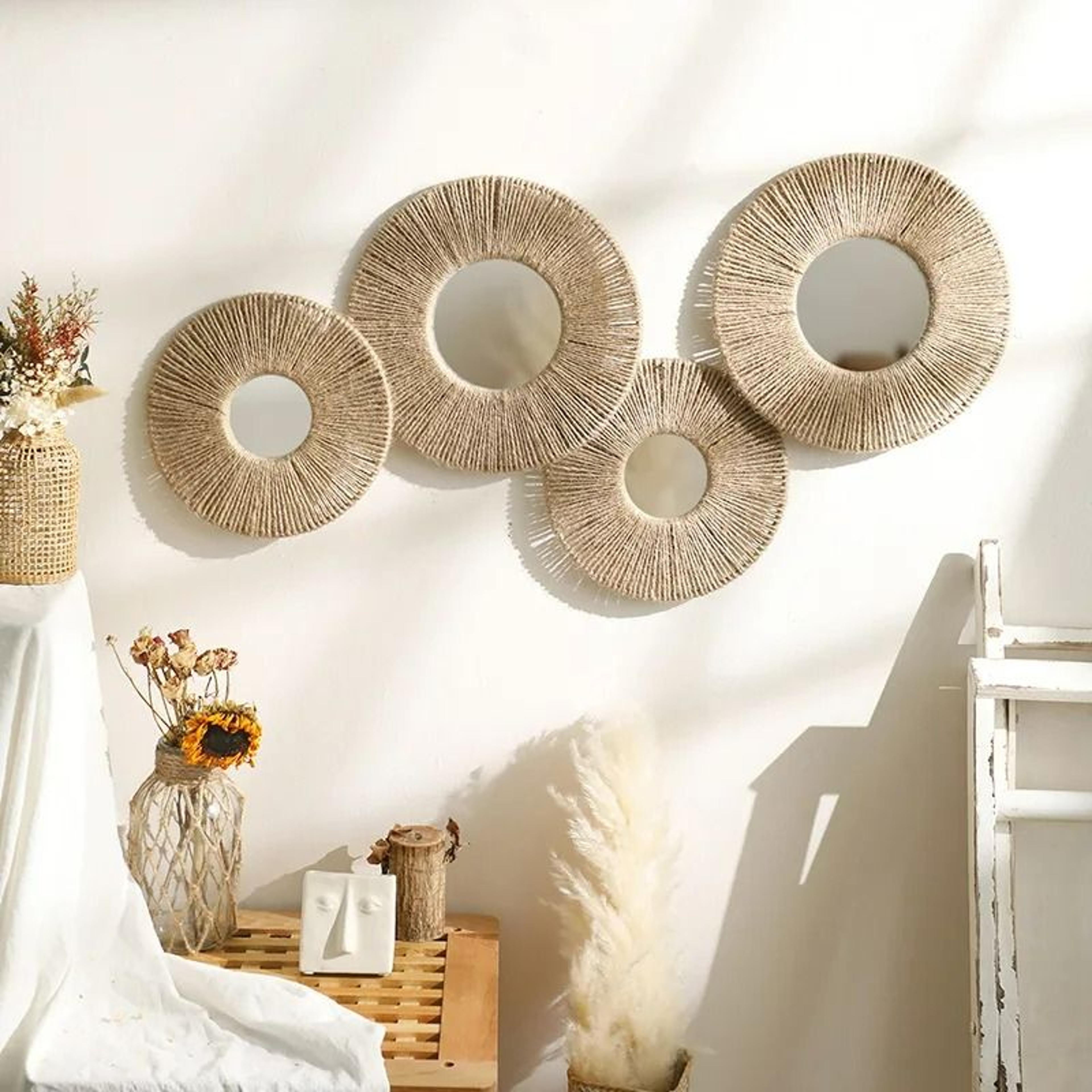 Boho Round Decorative Wall Mirror With Natural Hemp Rope 0