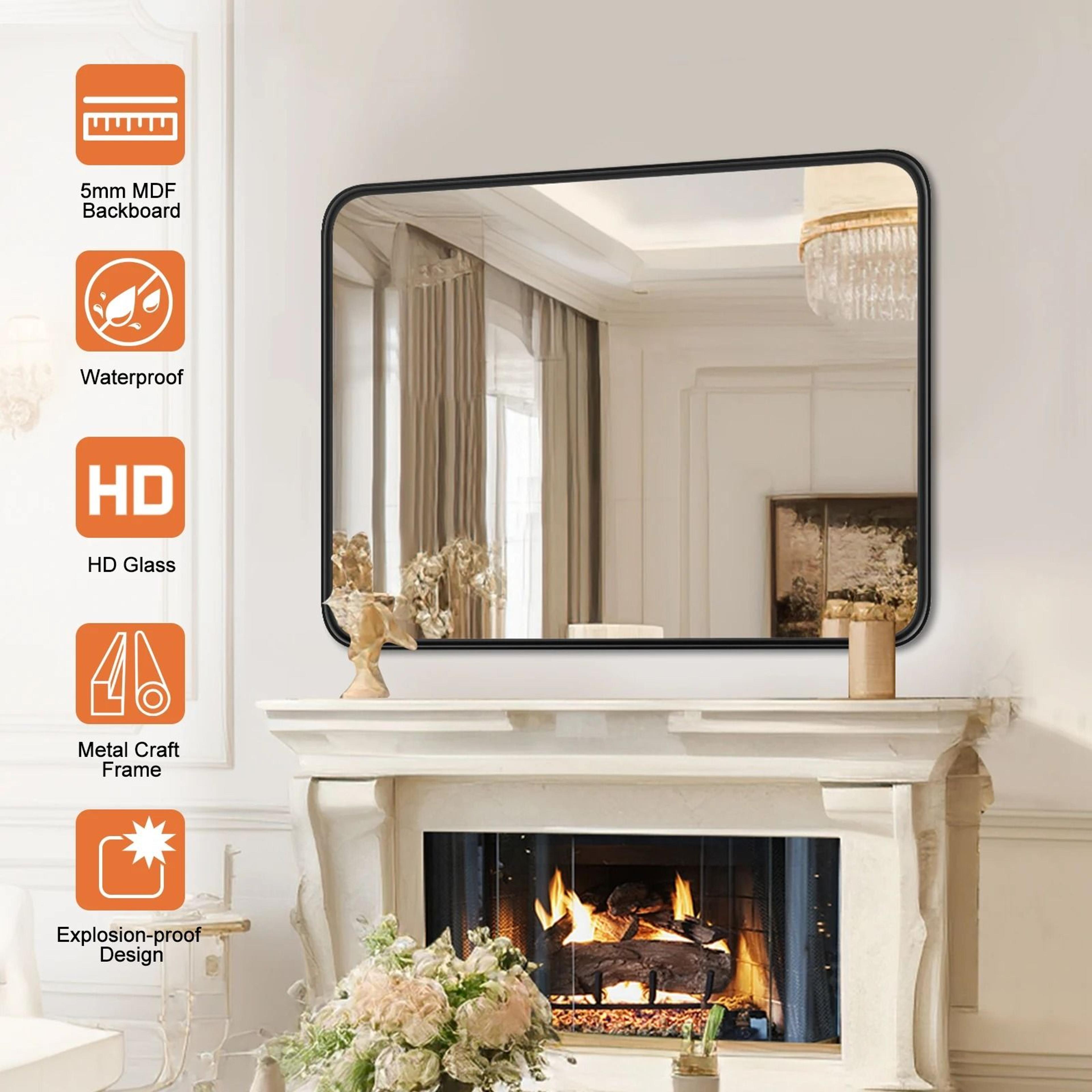 Matte Metal Framed Rectangular Rounded Corner Tempered Glass Bathroom Mirror 4