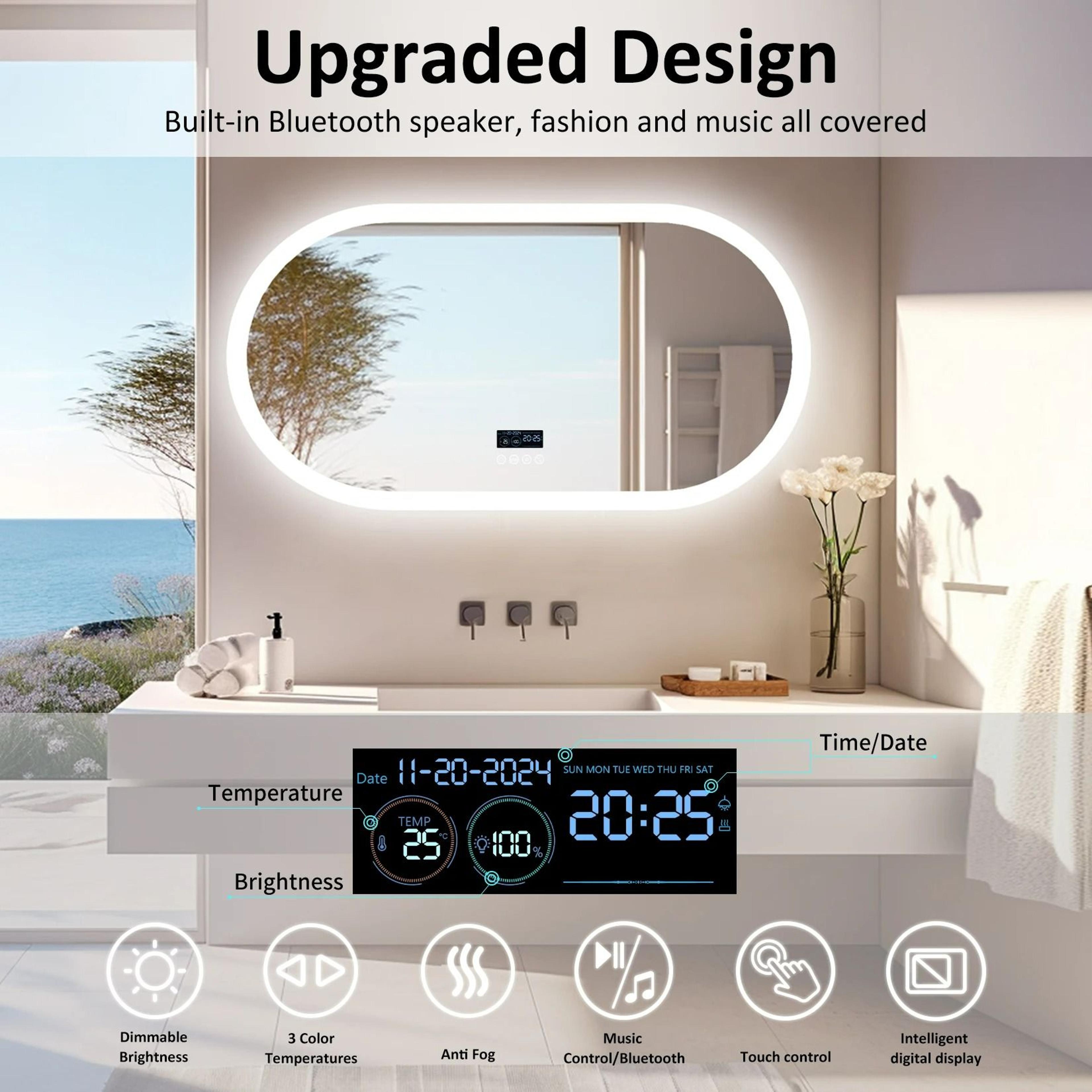 Oval Smart LED Bathroom Vanity Mirror With Bluetooth Speaker  Defogger 1