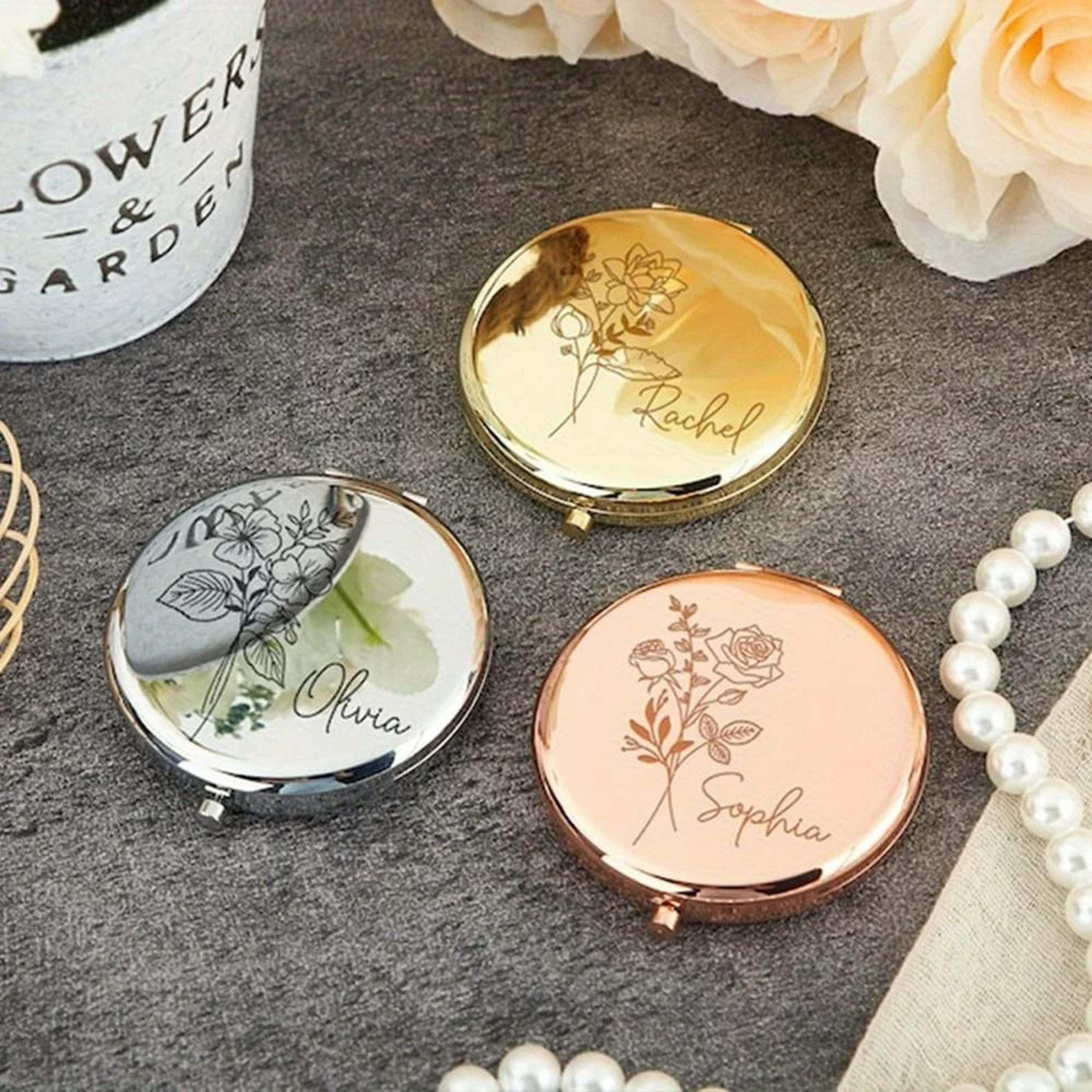 Personalized Birth Flower Compact Pocket Mirror With Name Engraving 0