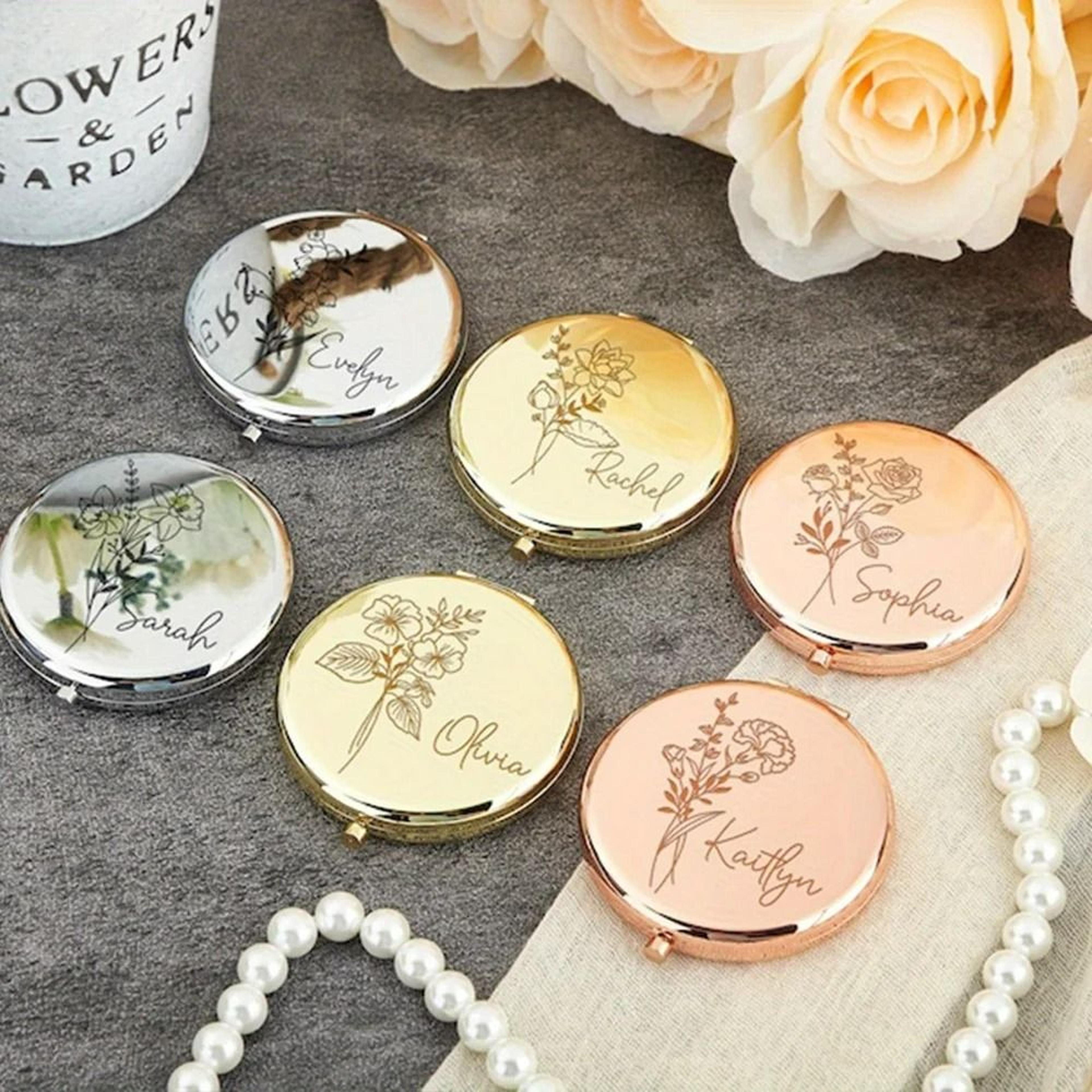 Personalized Birth Flower Compact Pocket Mirror With Name Engraving 5
