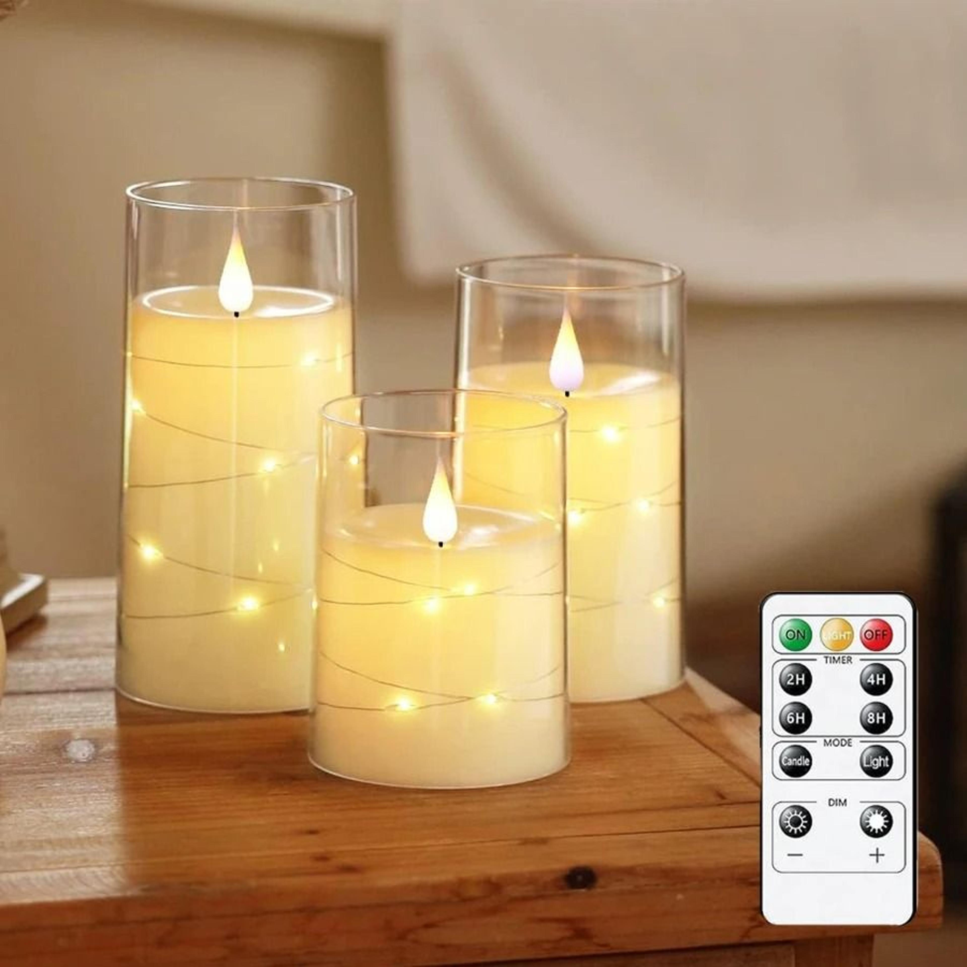 flameless led pillar candles with embedded fairy star lights & remote ( pack of 3 )