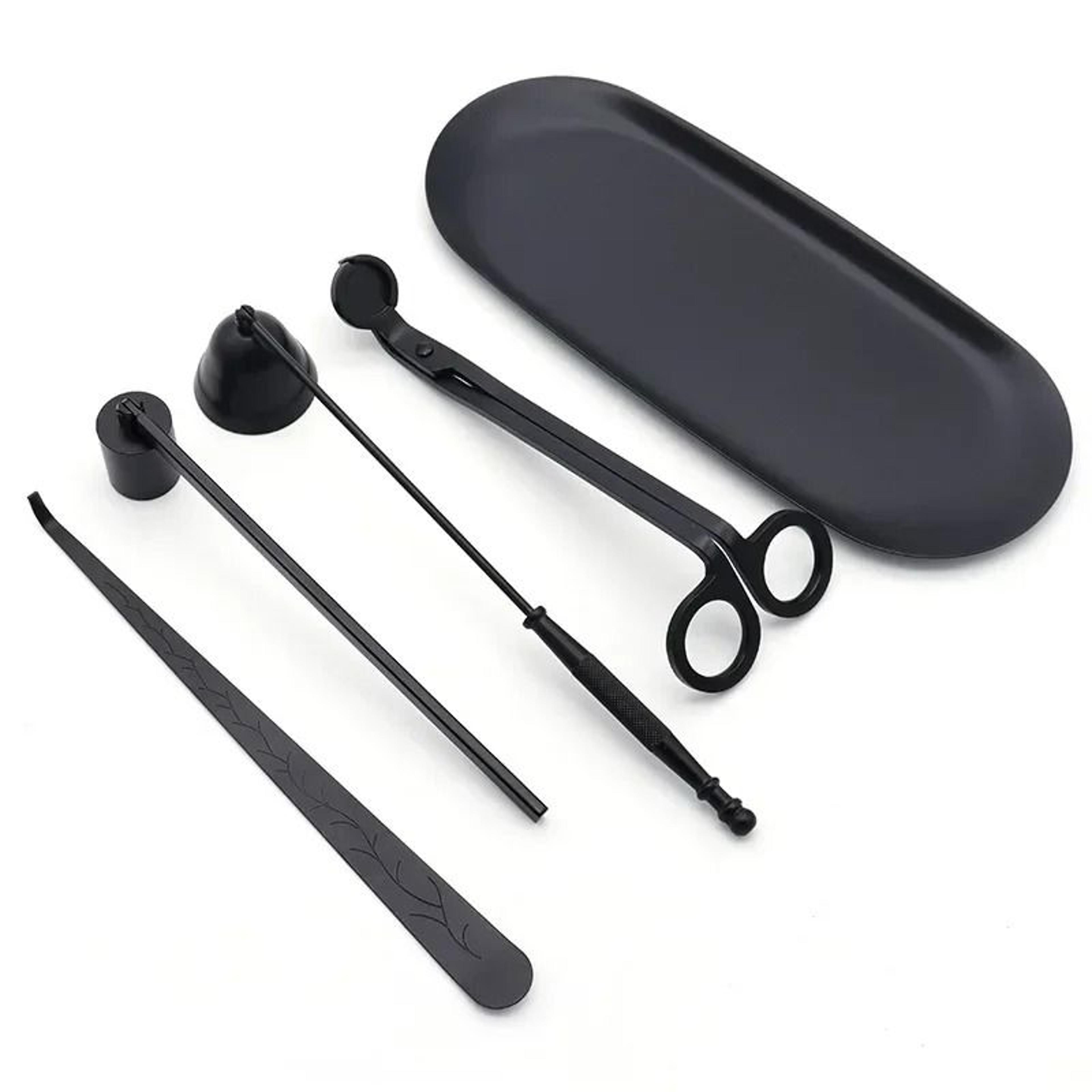 5-piece matte black candle care tool set with display tray
