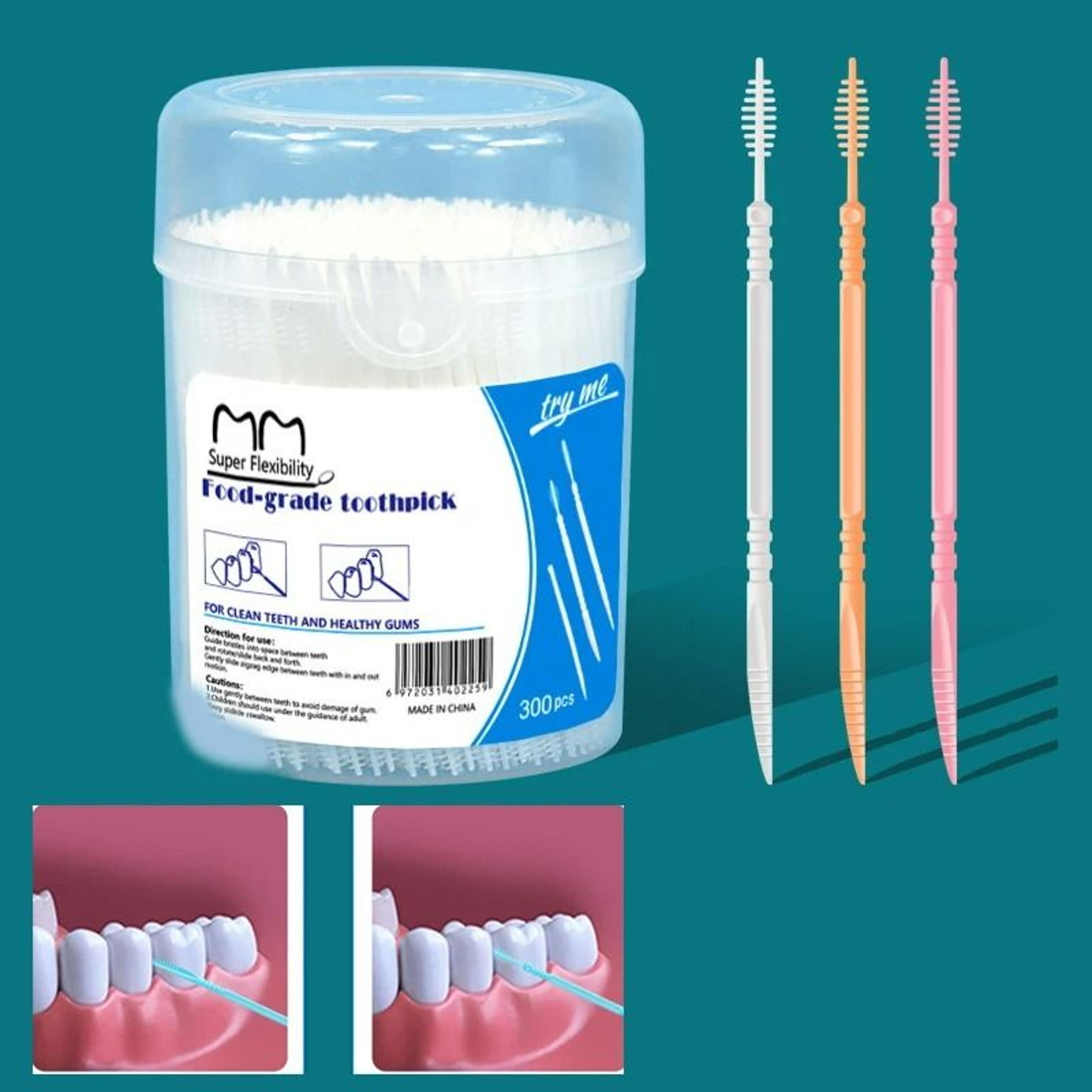 300 Piece Double Head Plastic Interdental Brushes And Floss Toothpicks For Oral Hygiene 0
