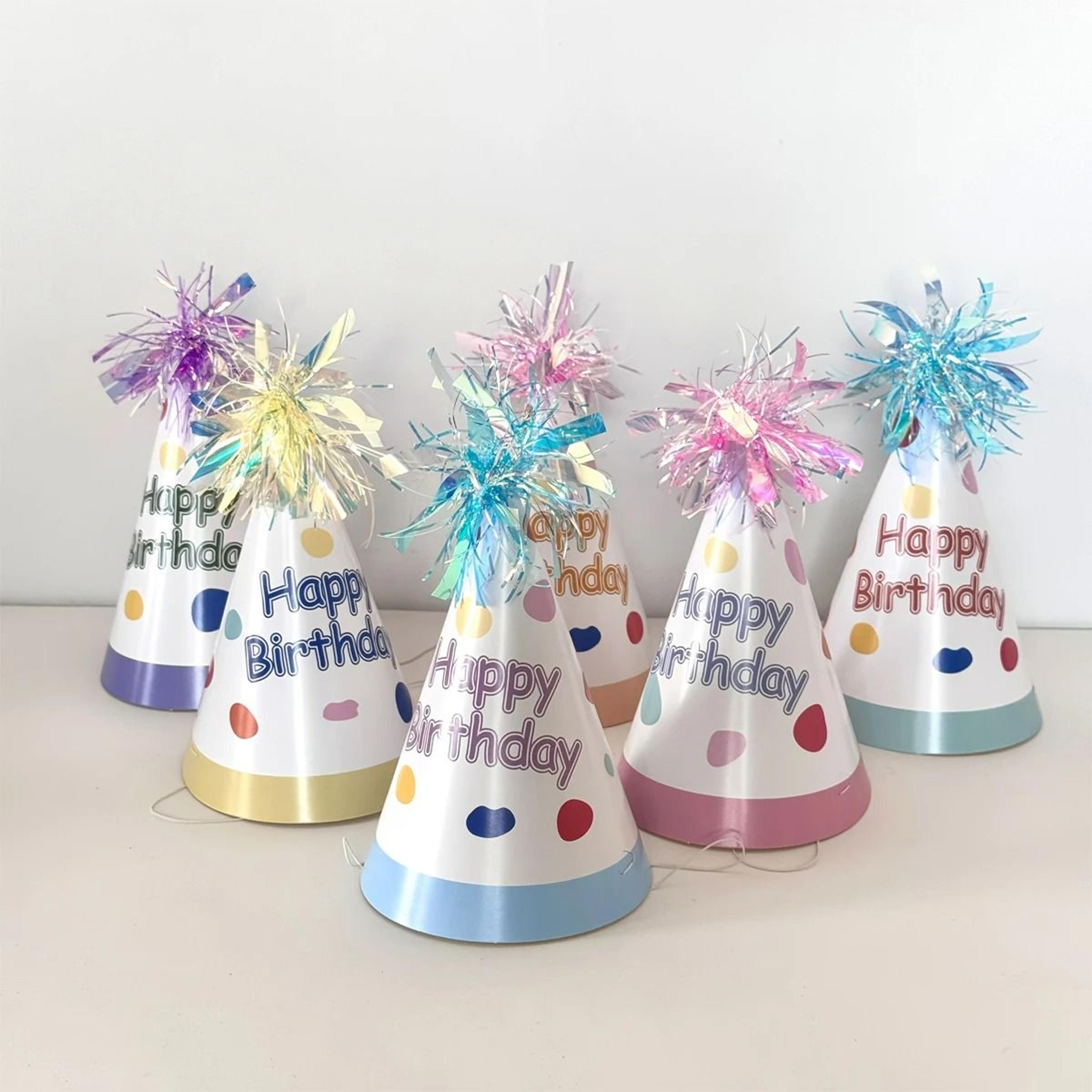 6 piece shiny metal wire happy birthday party cone hats with tinsel trim