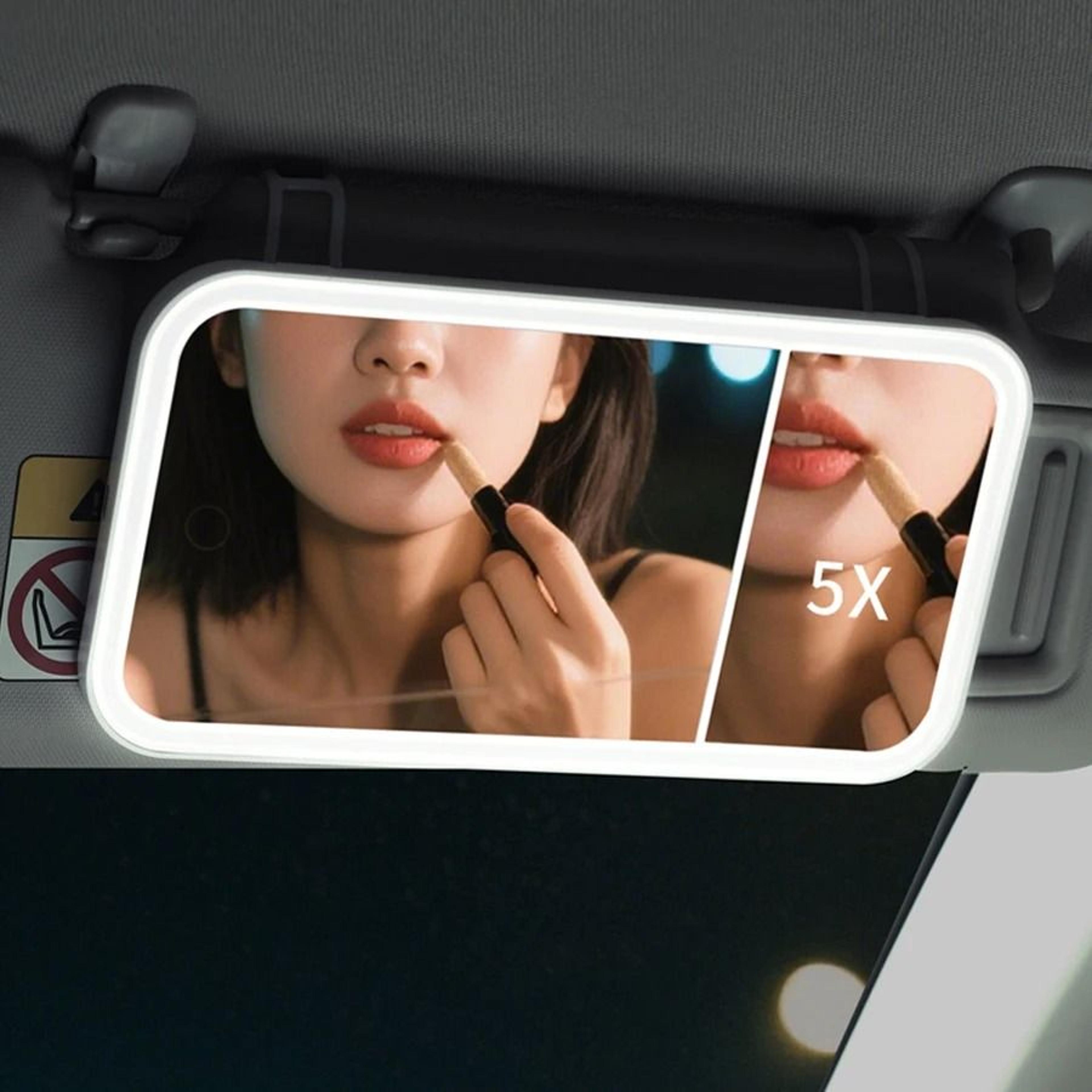 Car Vanity Makeup Mirror With Dimmable LED Lights  5X Magnification 0