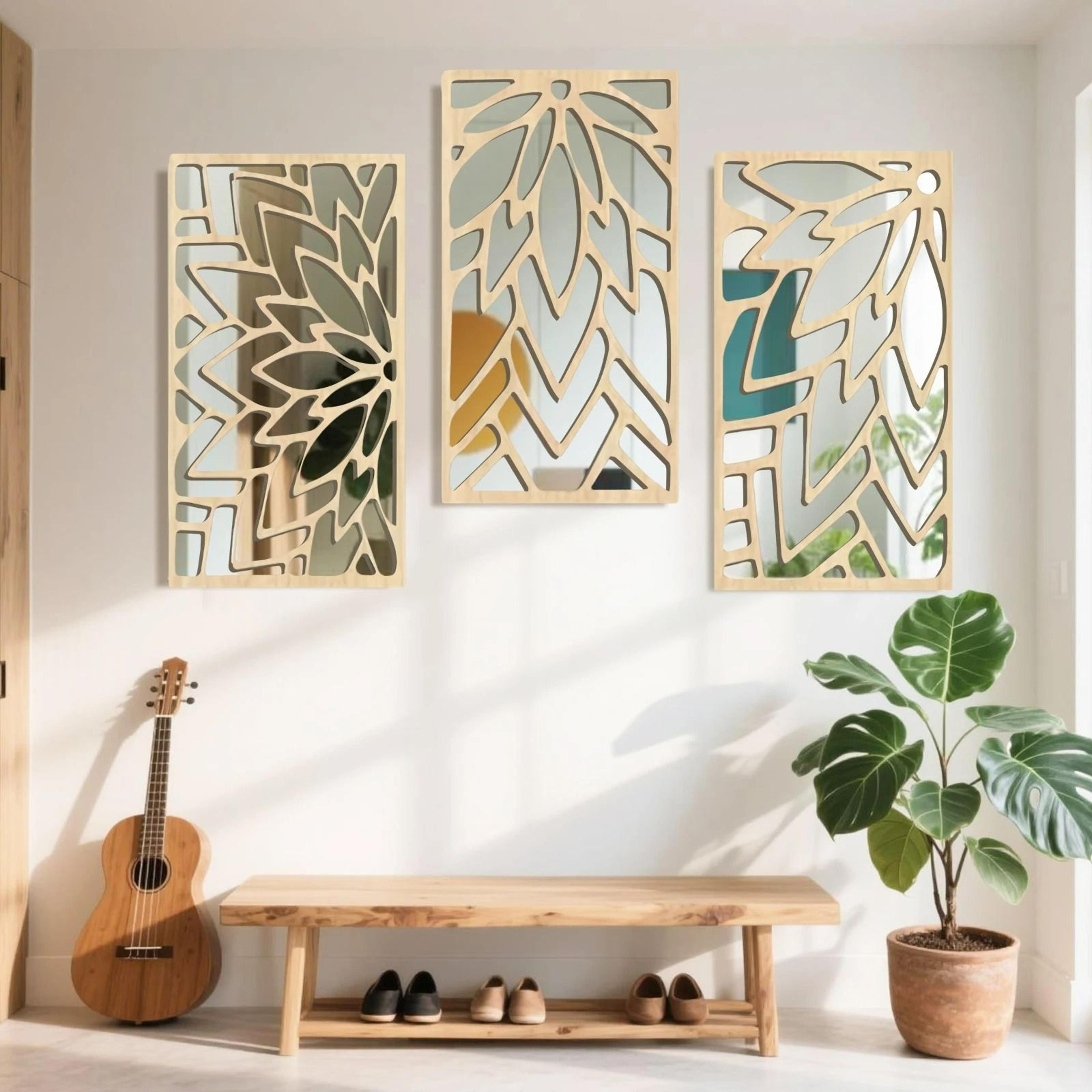 3Piece Wooden Acrylic DoubleLayer Leaf Wall Mirror Set 0