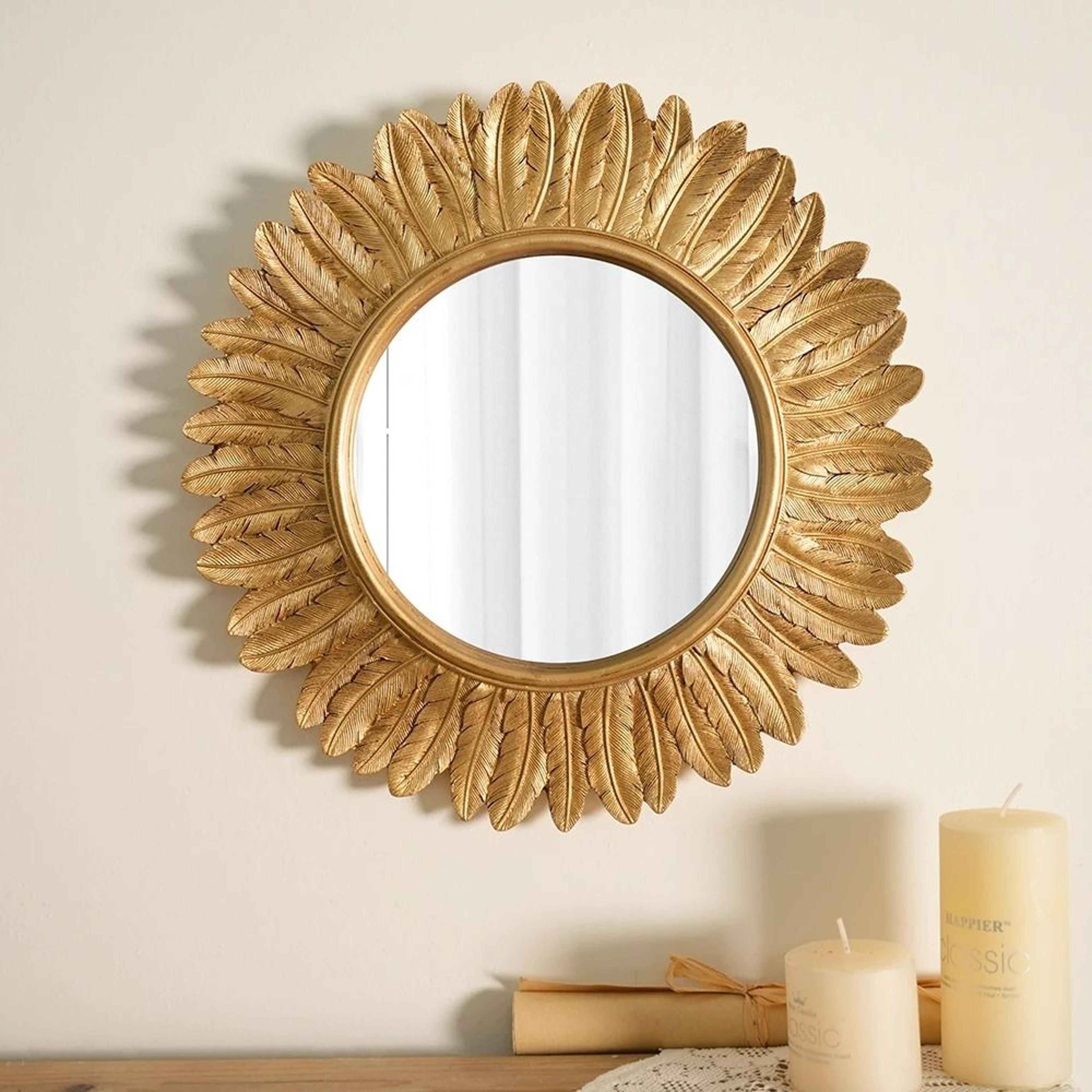 vintage gold feather round resin sunburst wall mirror