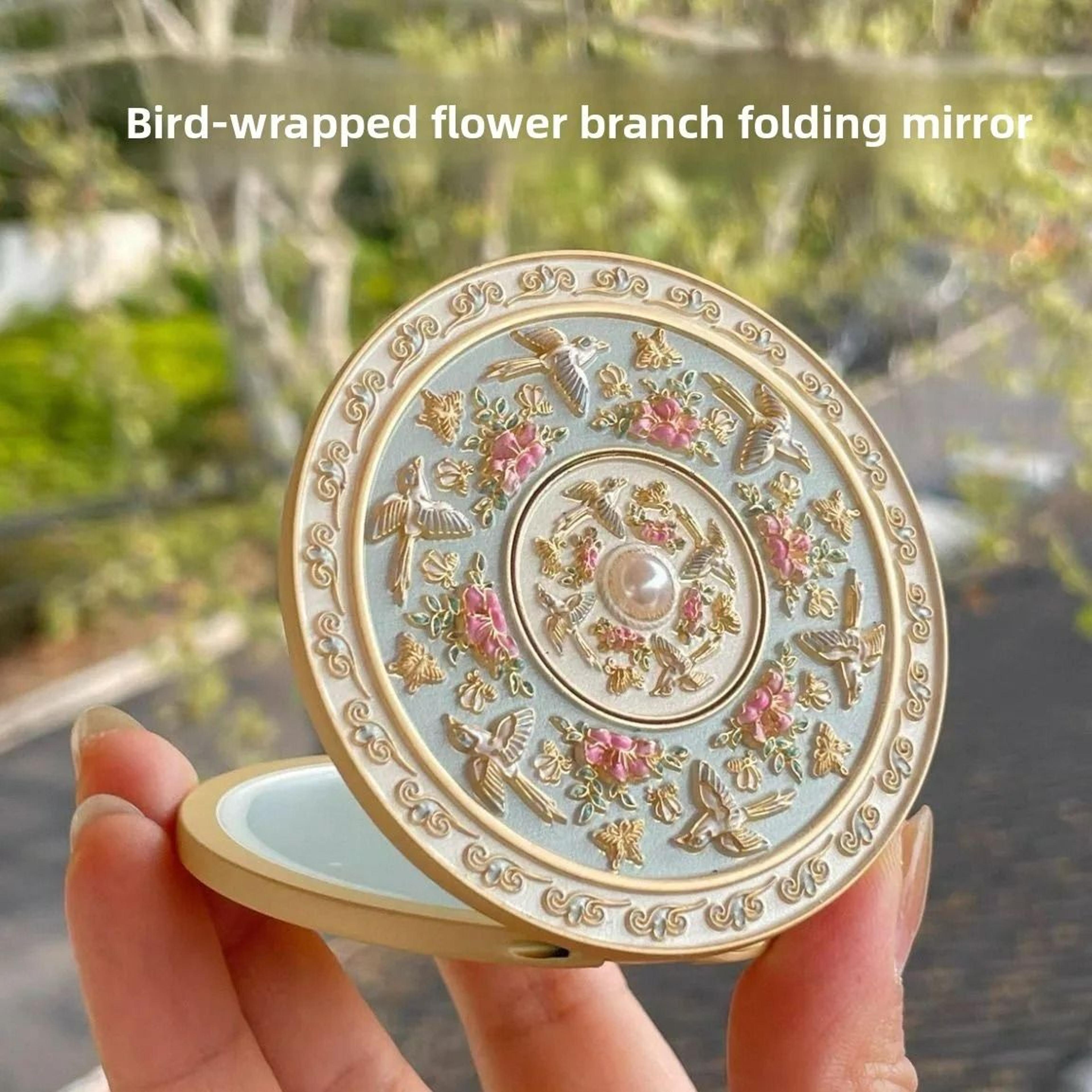 Chinese Cloisonne Enamel Sparrow  Flower Folding Compact Mirror 1