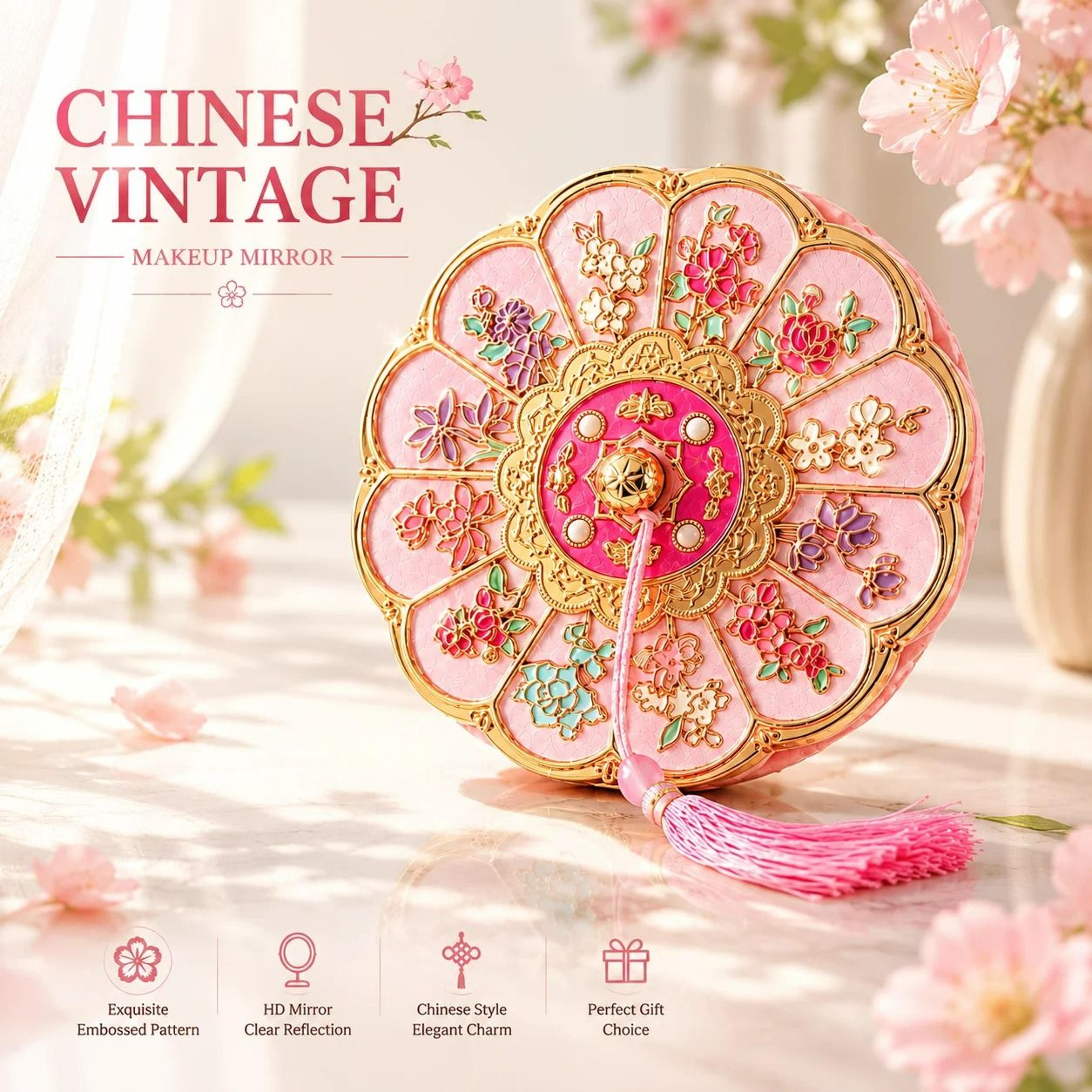 ancient-style chinese flower pattern handheld cosmetic mirror