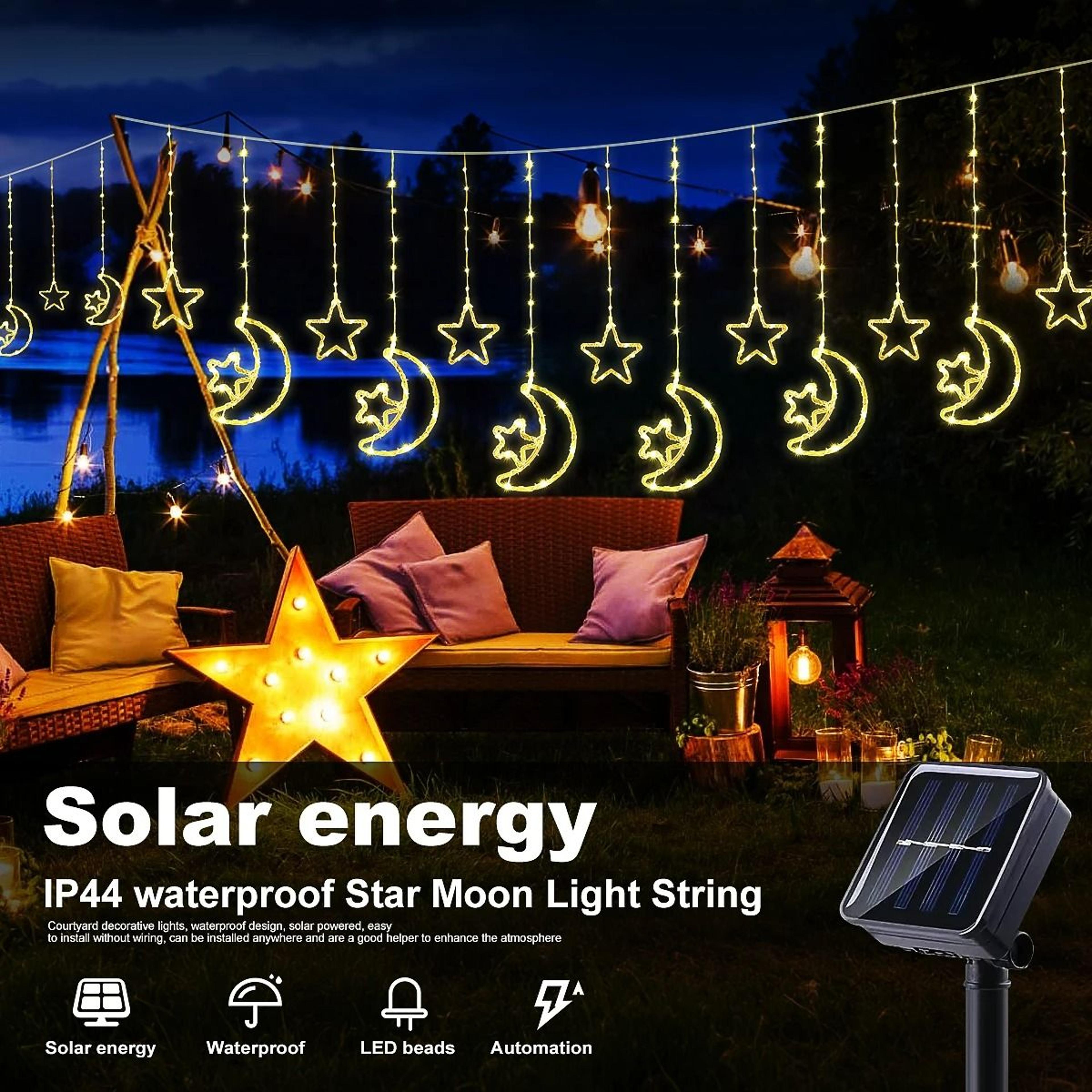 Solar Powered Star  Moon LED Curtain Lights 8 Modes Outdoor Hanging Lights 0