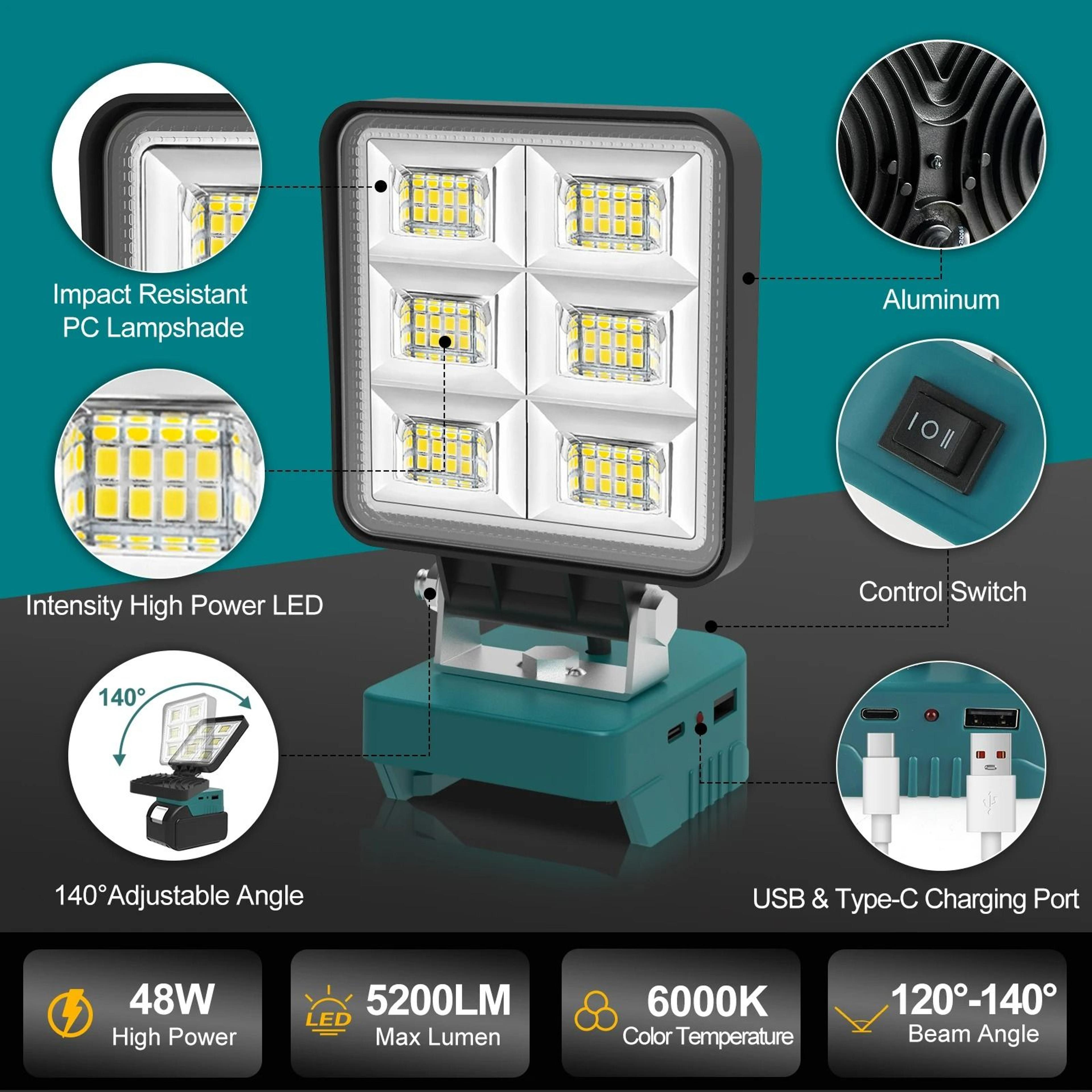 48W HighOutput Cordless LED Work Light  Floodlight Fits 18V20V Power Tool Batteries 3
